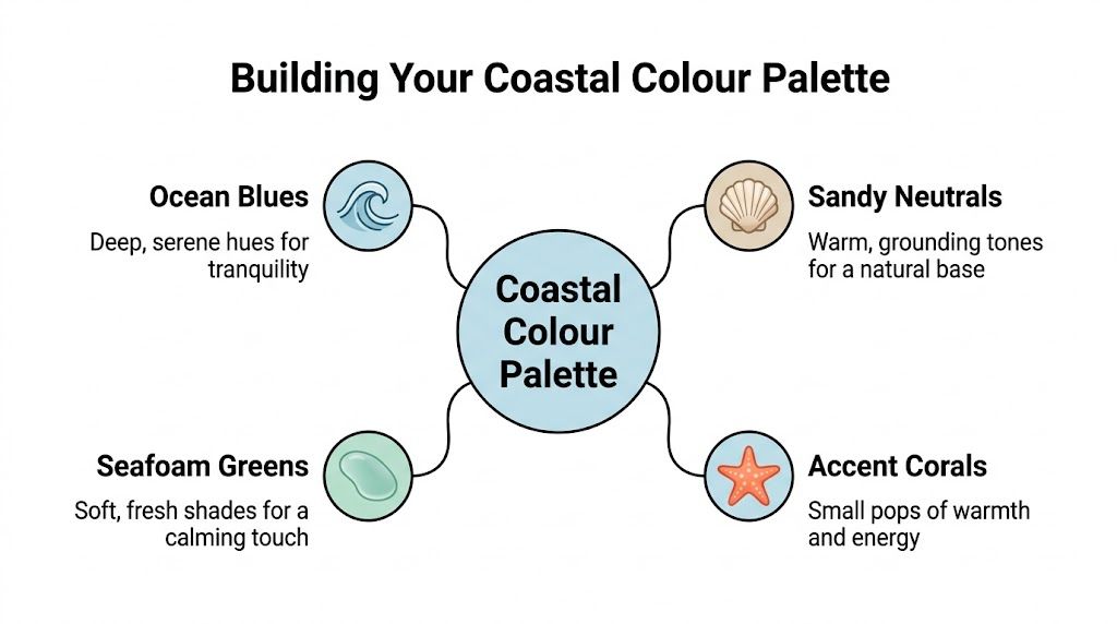 A diagram illustrating the four main color categories for a coastal interior design color palette.