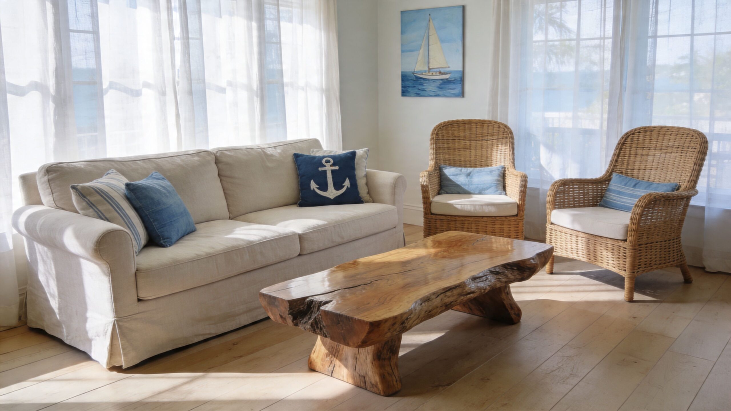 A bright coastal living room featuring a linen sofa, rattan chairs, and a natural wood coffee table.