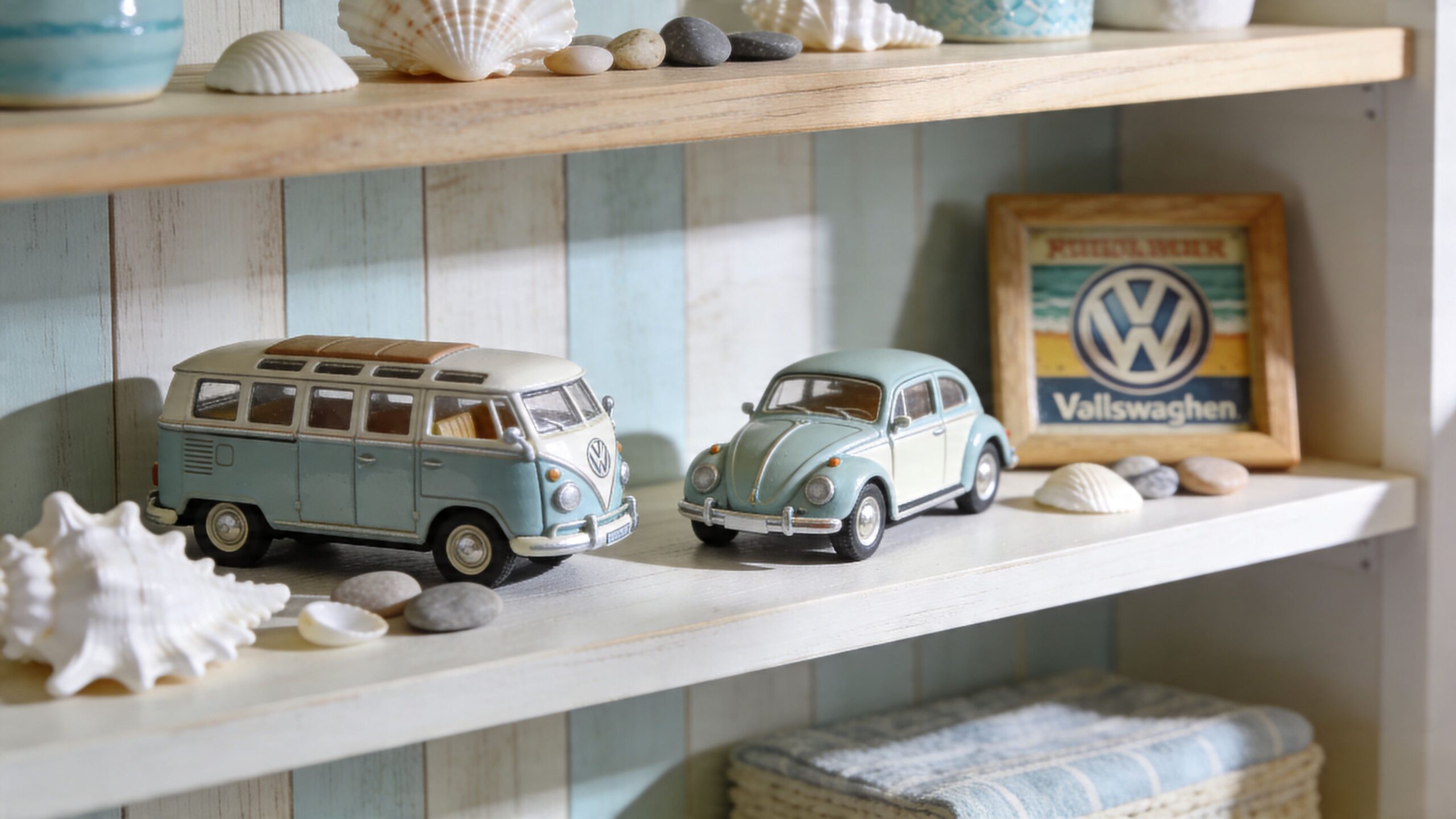 A coastal-themed shelf featuring miniature Volkswagen toy vehicles, seashells, smooth pebbles, and a VW picture frame.