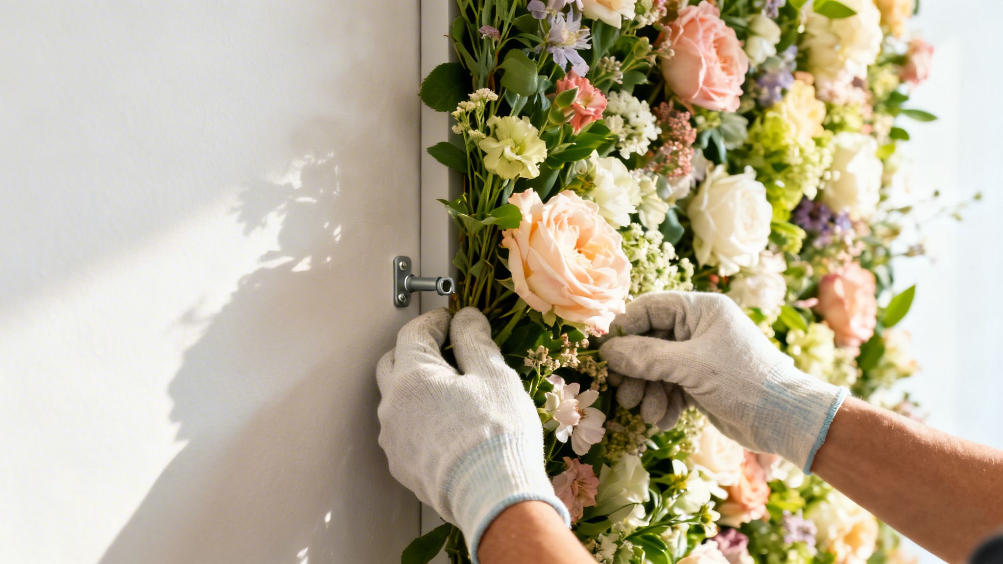 A professional installer wearing work gloves attaches a lush decorative flower wall panel to a white wall.