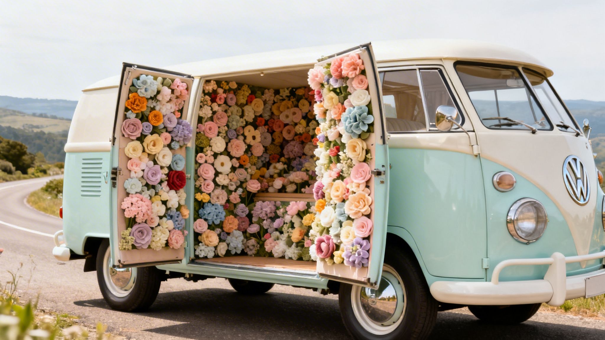 A vintage Volkswagen camper van filled with colorful paper flower wall decor on a scenic road.