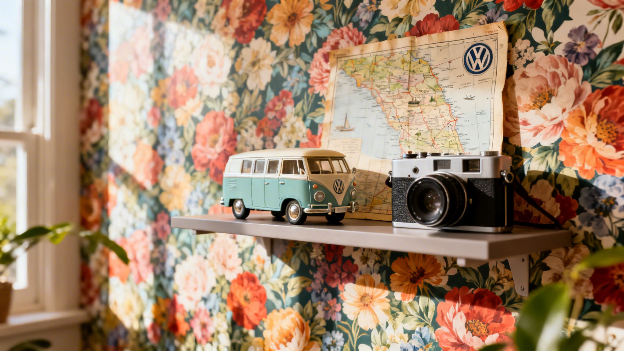 A vintage toy Volkswagen van and a film camera on a shelf against a colorful floral wallpaper.