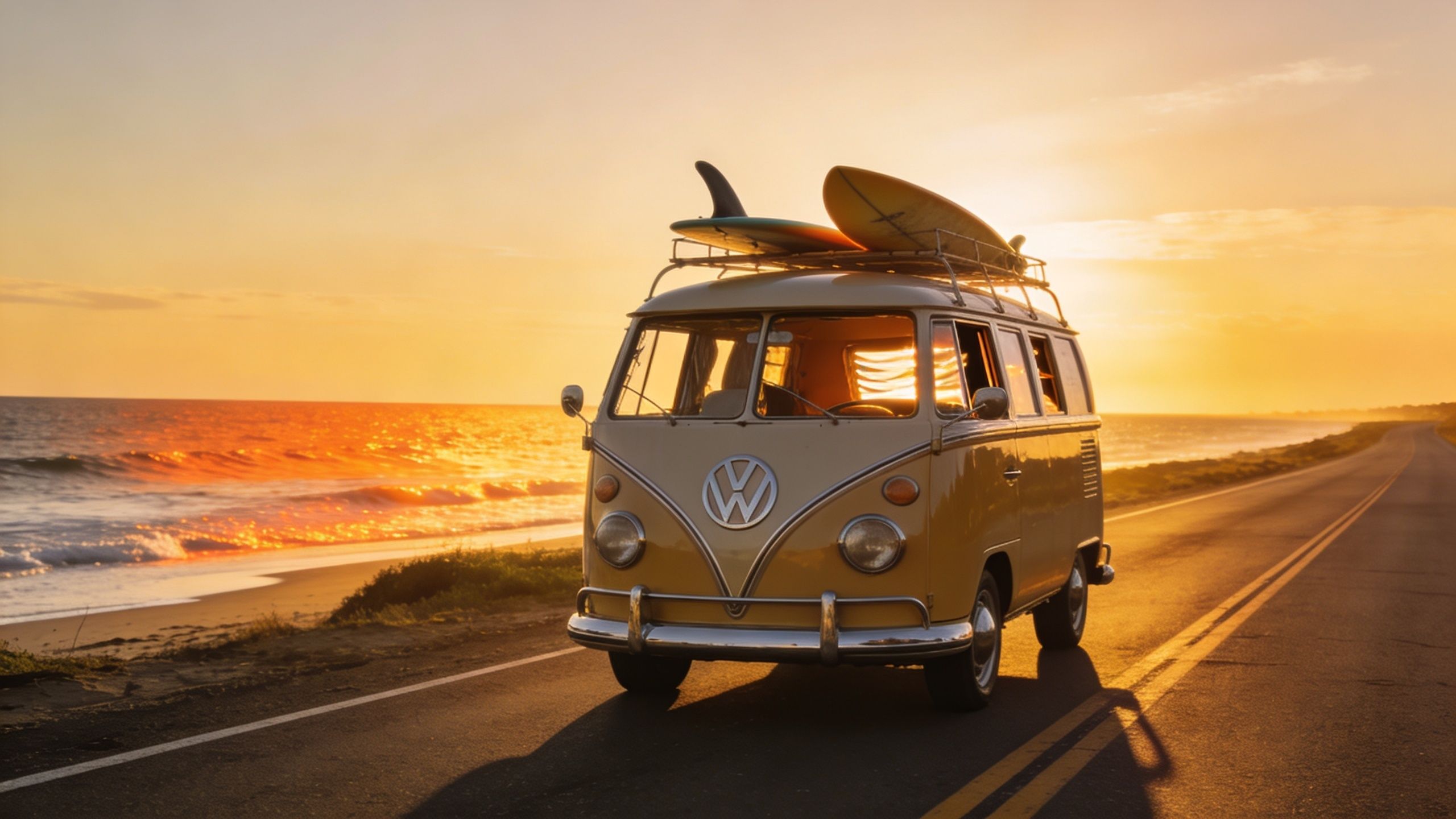 A vintage yellow Volkswagen bus with surfboards on its roof parked along a coastal highway at sunset.