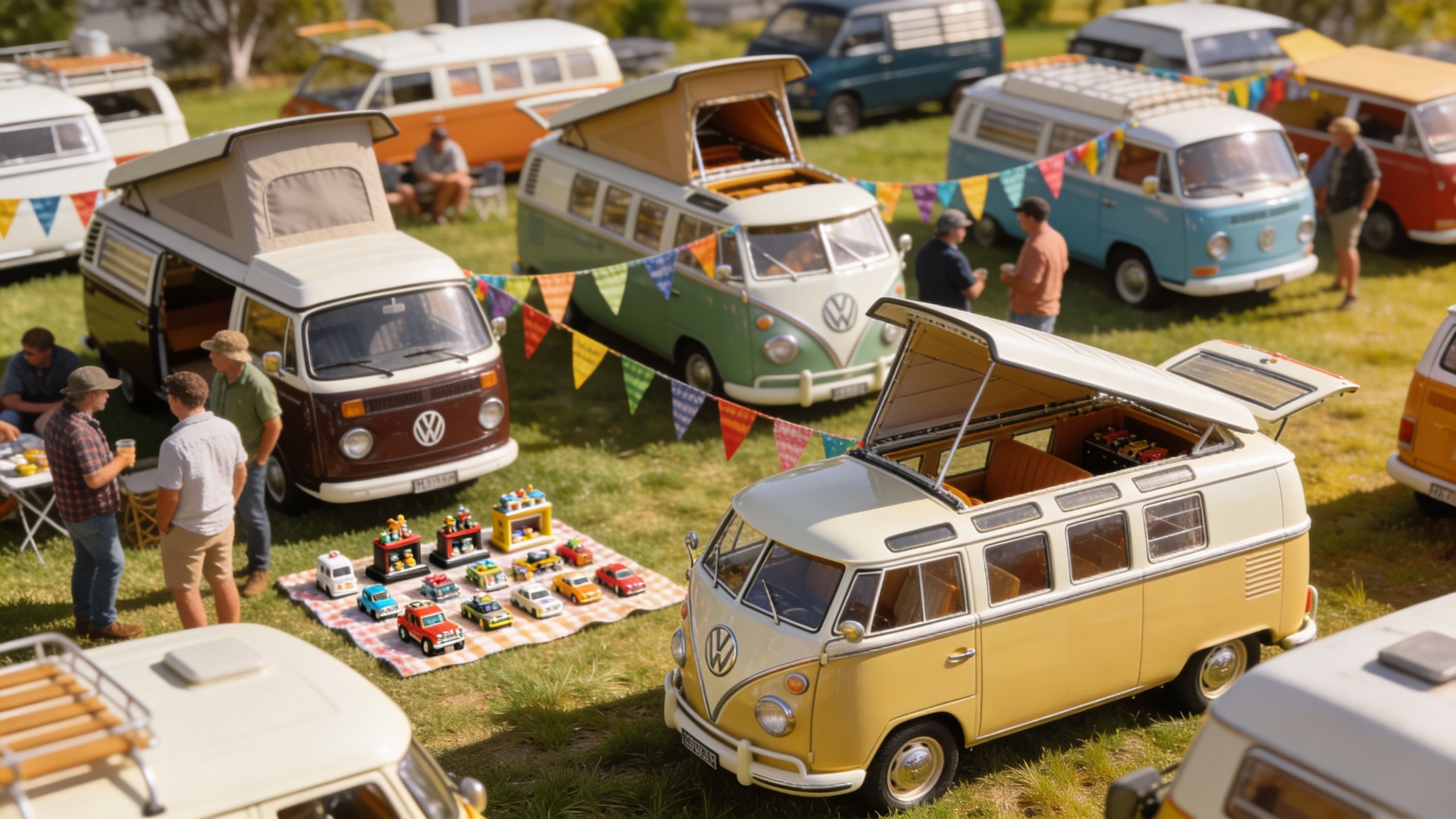 A miniature collection of vintage Volkswagen Kombi vans displayed outdoors on a sunny grass field.
