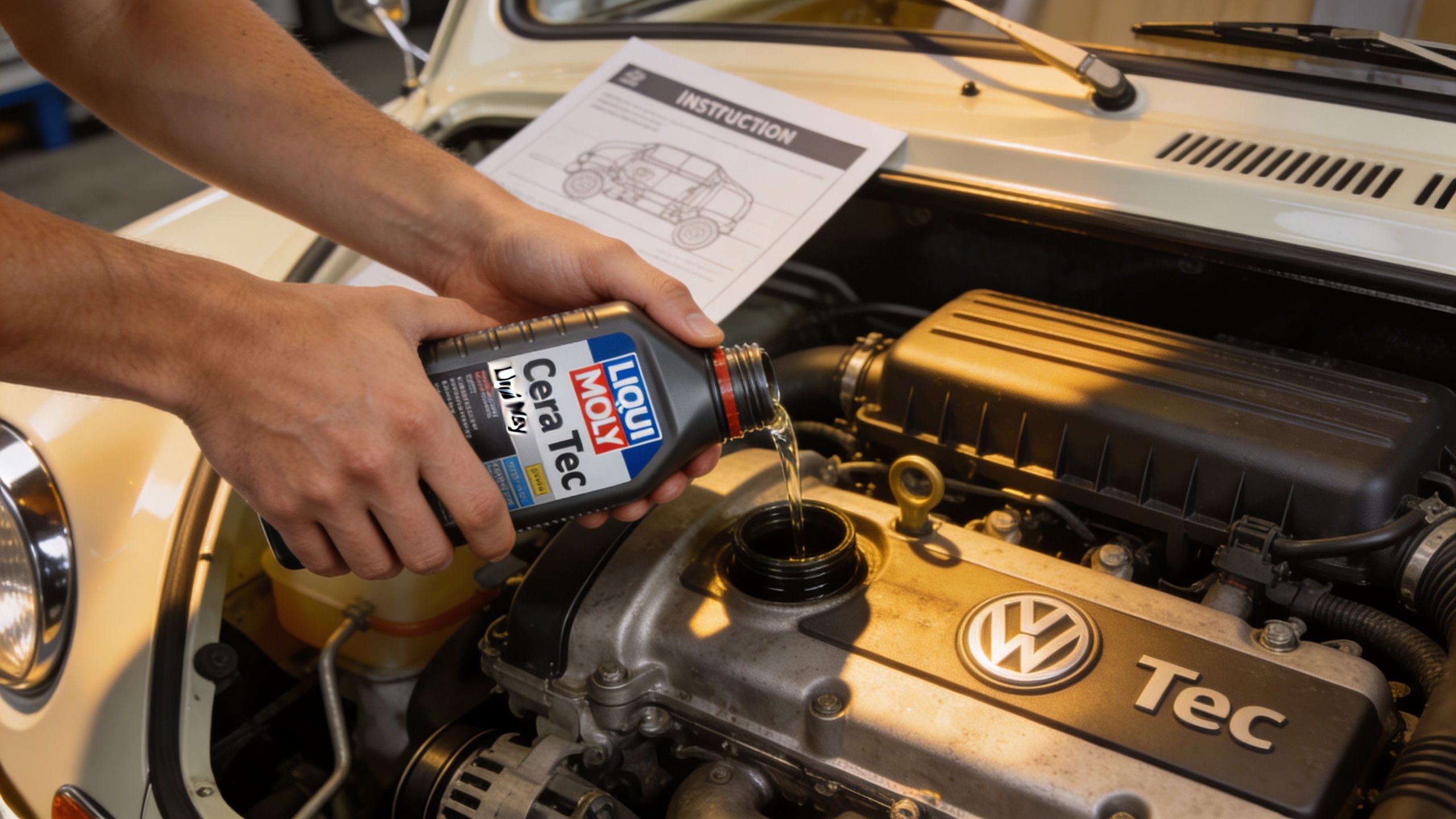 A person pouring Liqui Moly Cera Tec oil additive into the engine of a Volkswagen car.