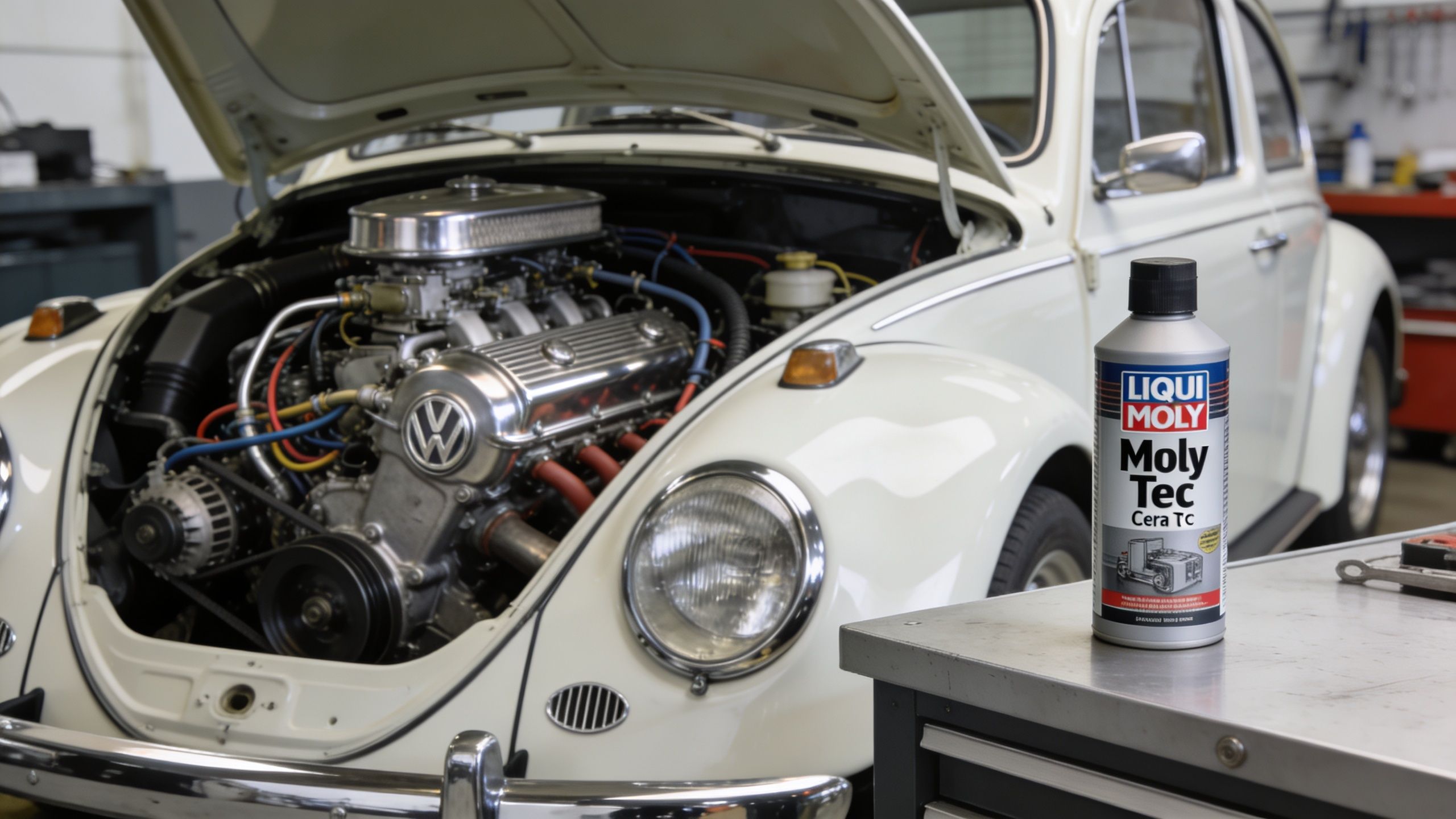 A silver bottle of Liqui Moly Cera Tec oil additive sits on a workbench in front of a white vintage Volkswagen Beetle with its hood open, revealing the engine.
