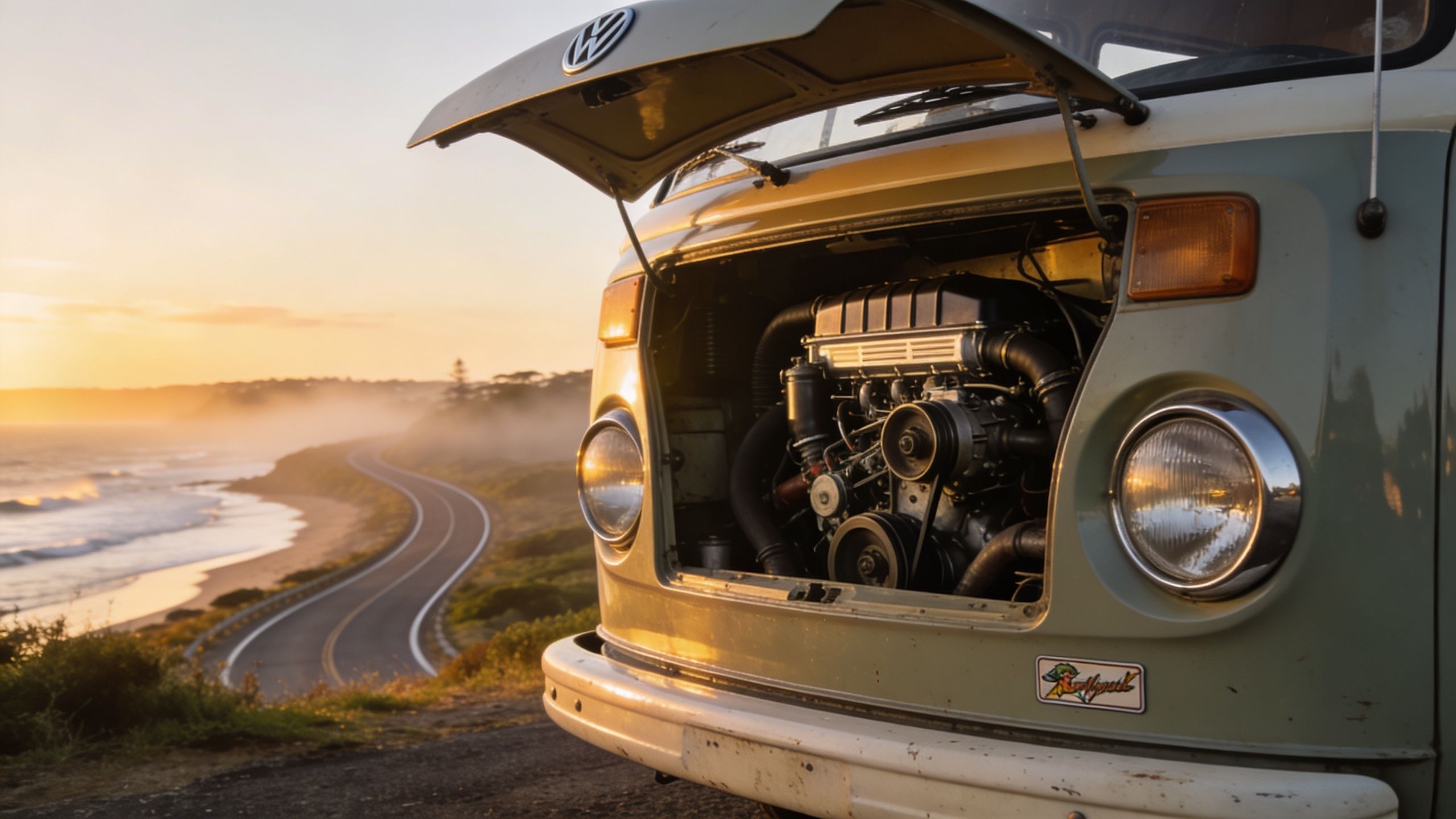 A vintage green Volkswagen van with its engine compartment open parked on a coastal road at sunset.