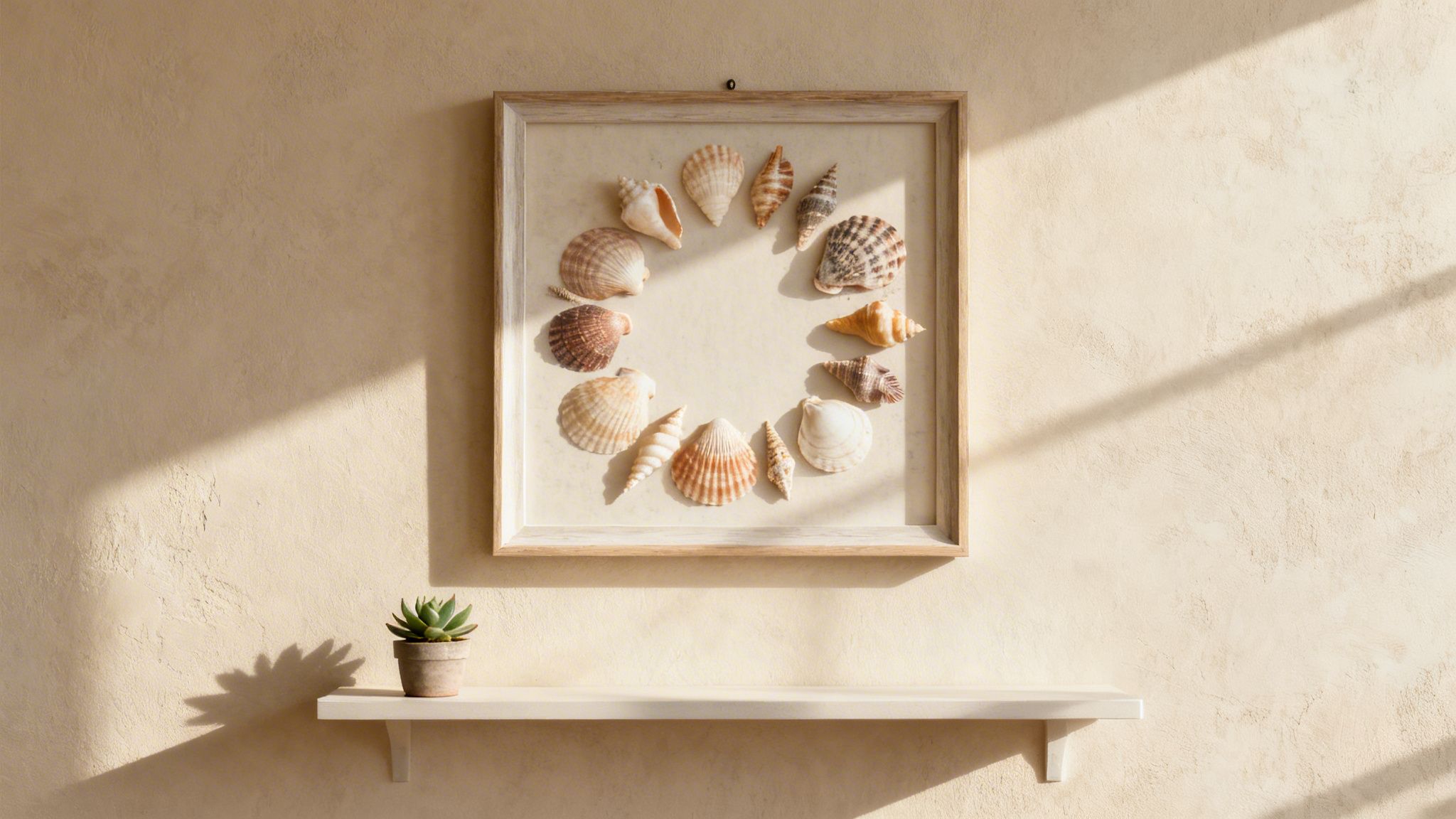 Framed seashell art on a textured wall, with a succulent plant on a white shelf.