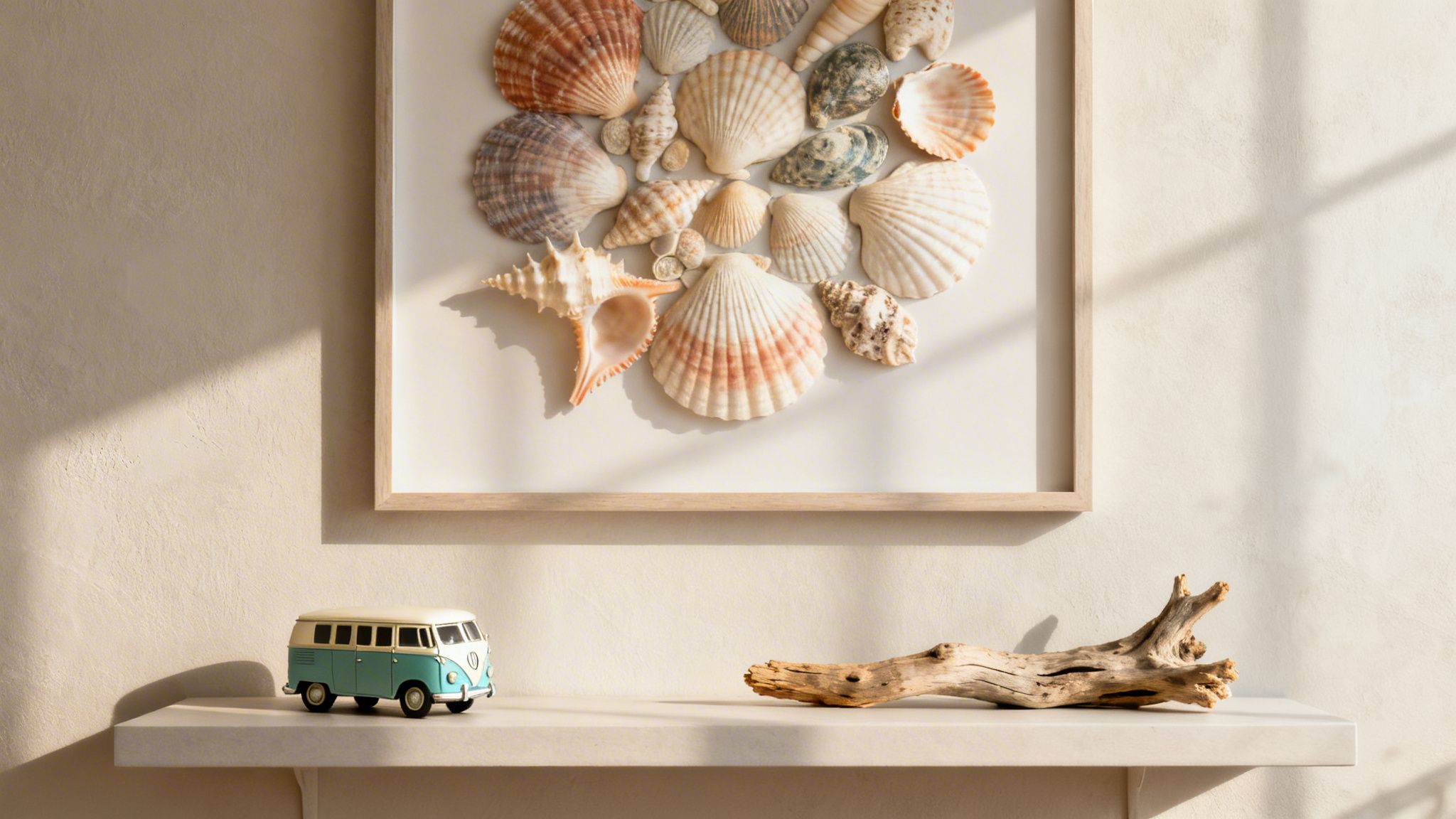 A framed collection of various seashells on a wall above a shelf with a toy camper van and driftwood.