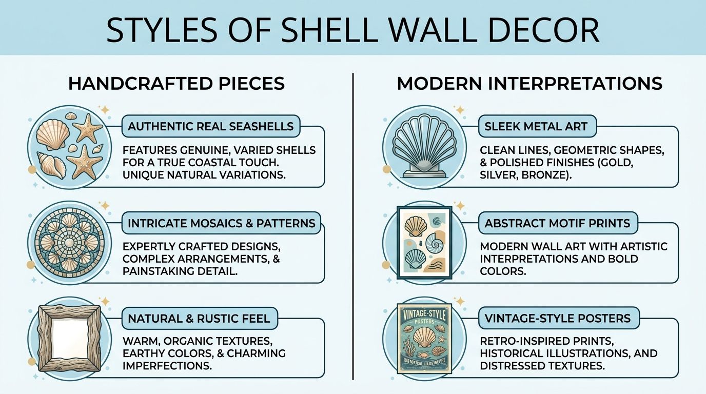 An infographic titled Styles of Shell Wall Decor comparing handcrafted seashell pieces with modern shell art interpretations.