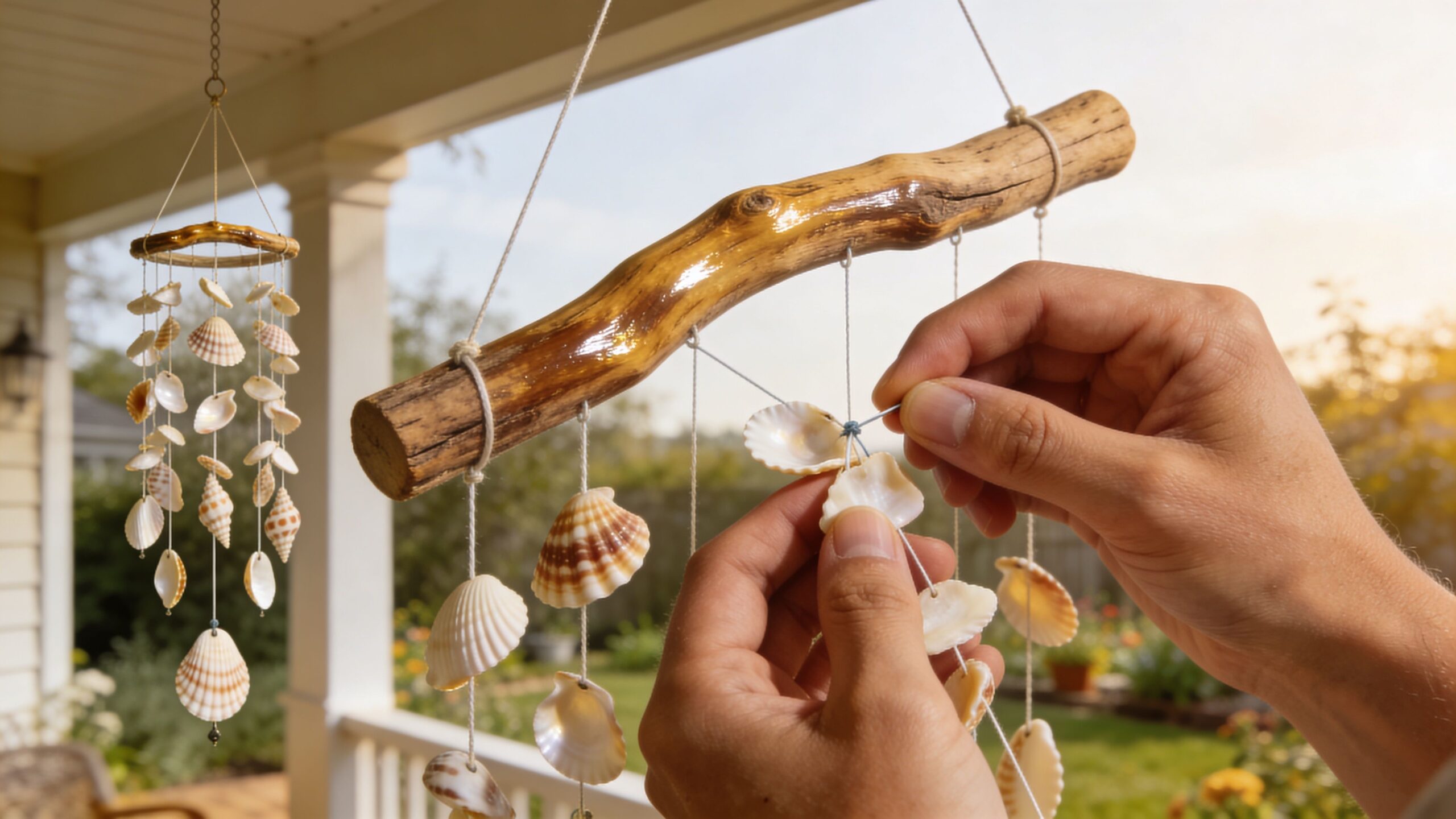 A person carefully crafting handmade seashell wind chimes on a wooden porch during a sunny day.