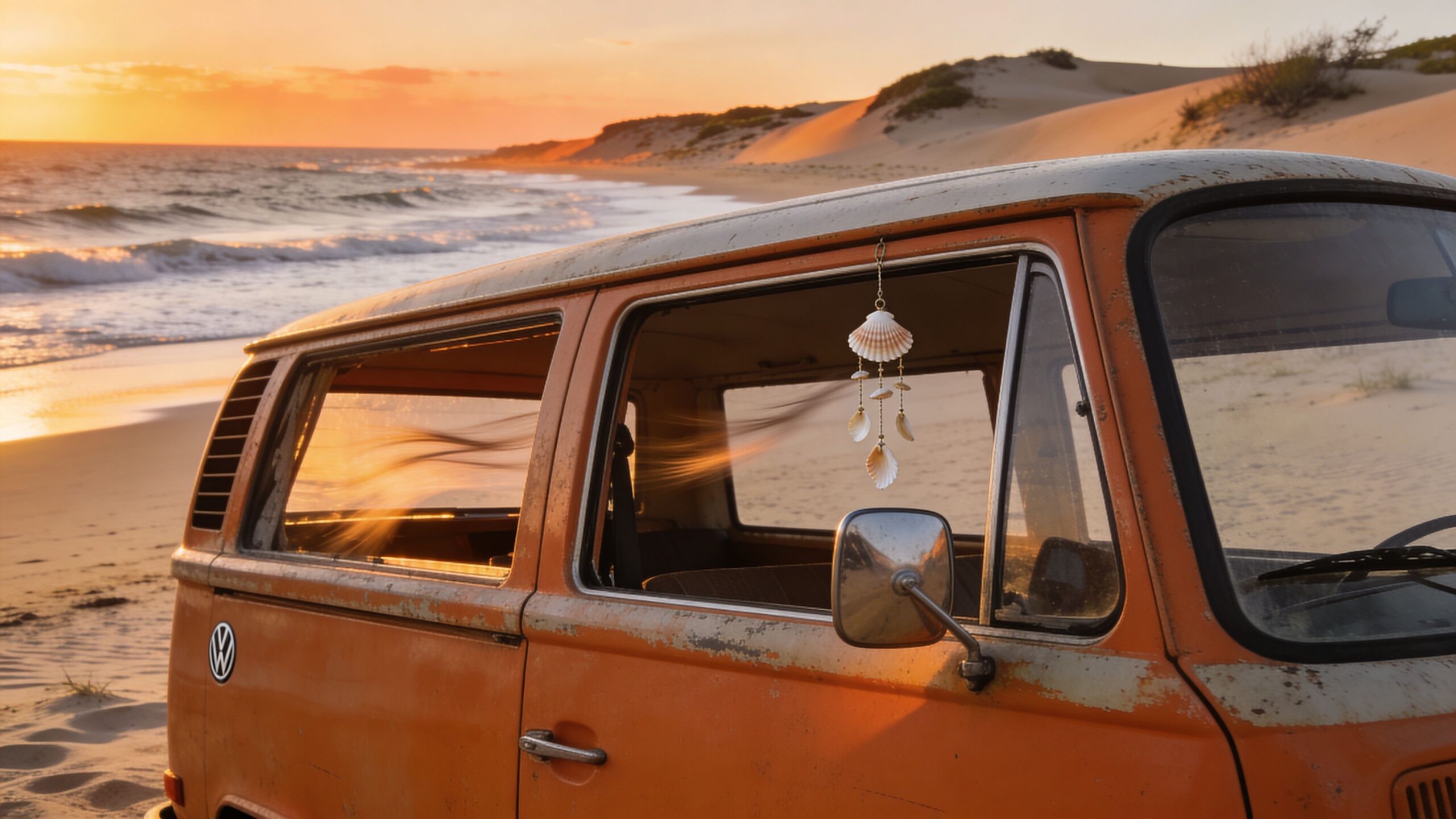 A vintage orange Volkswagen bus parked on a beach at sunset with a seashell mobile hanging inside.