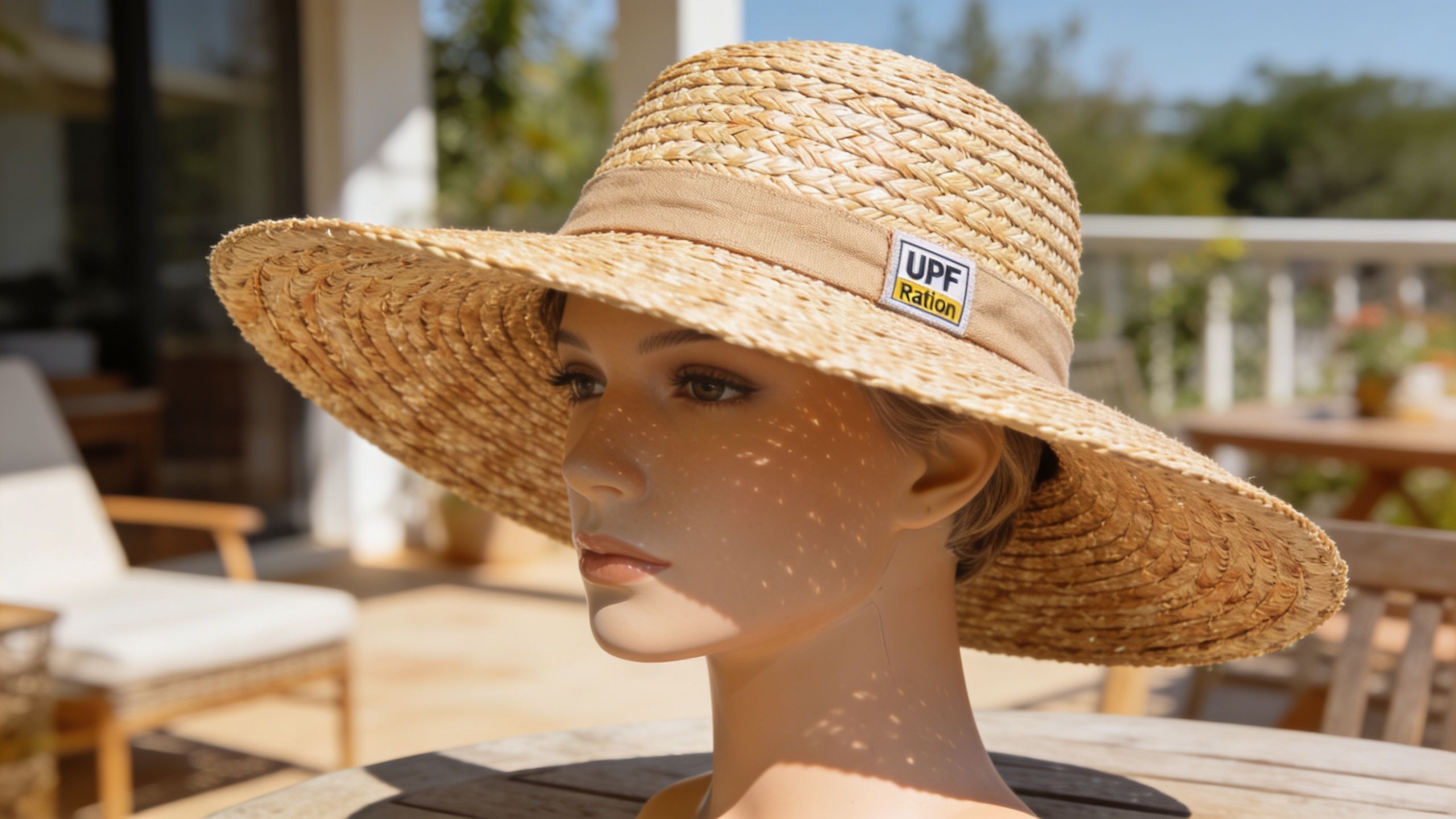A mannequin head wearing a wide-brimmed straw hat with a UPF 50 ribbon on an outdoor patio.
