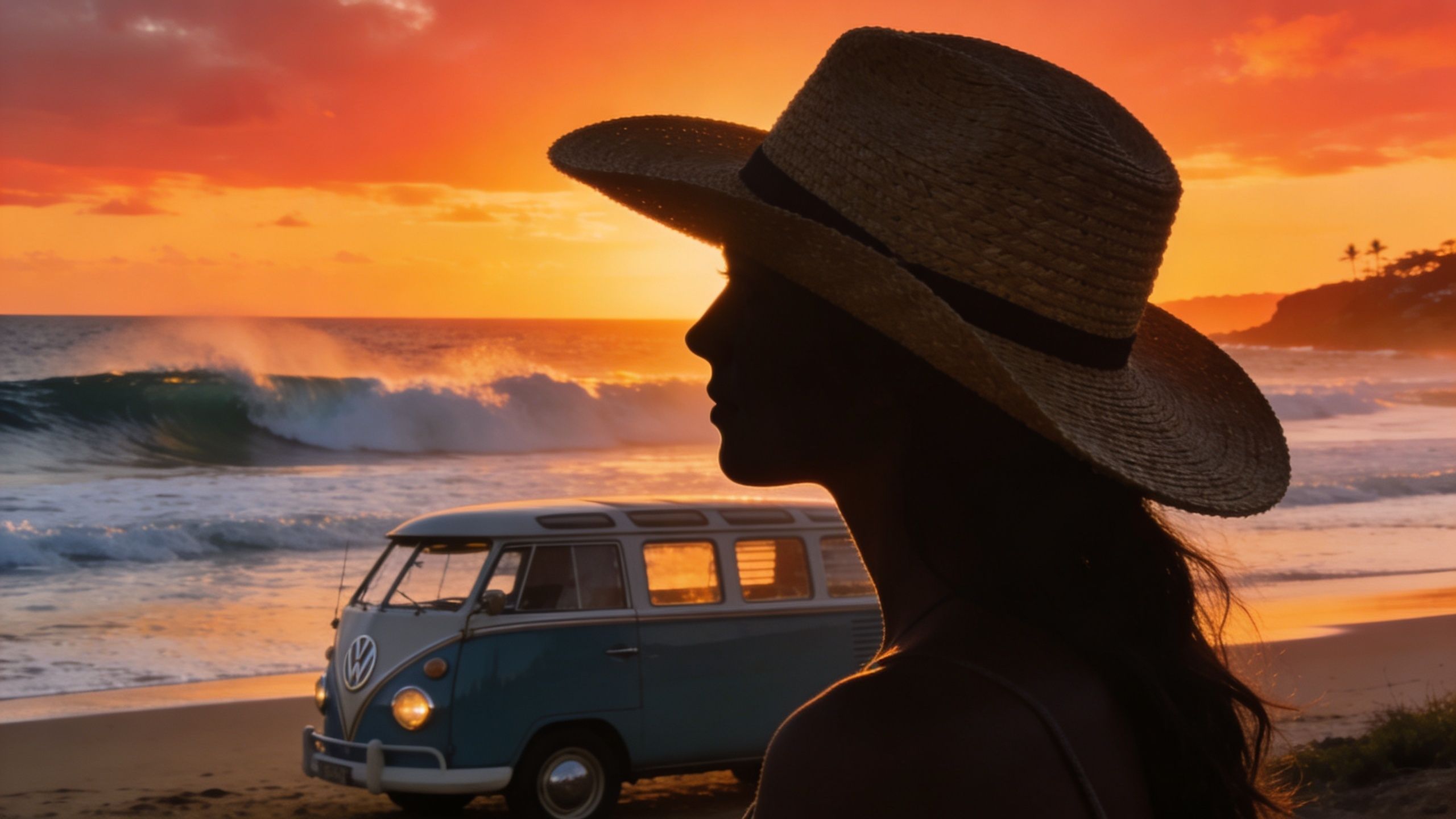 A silhouette of a woman wearing a straw beach hat standing on the beach at sunset.