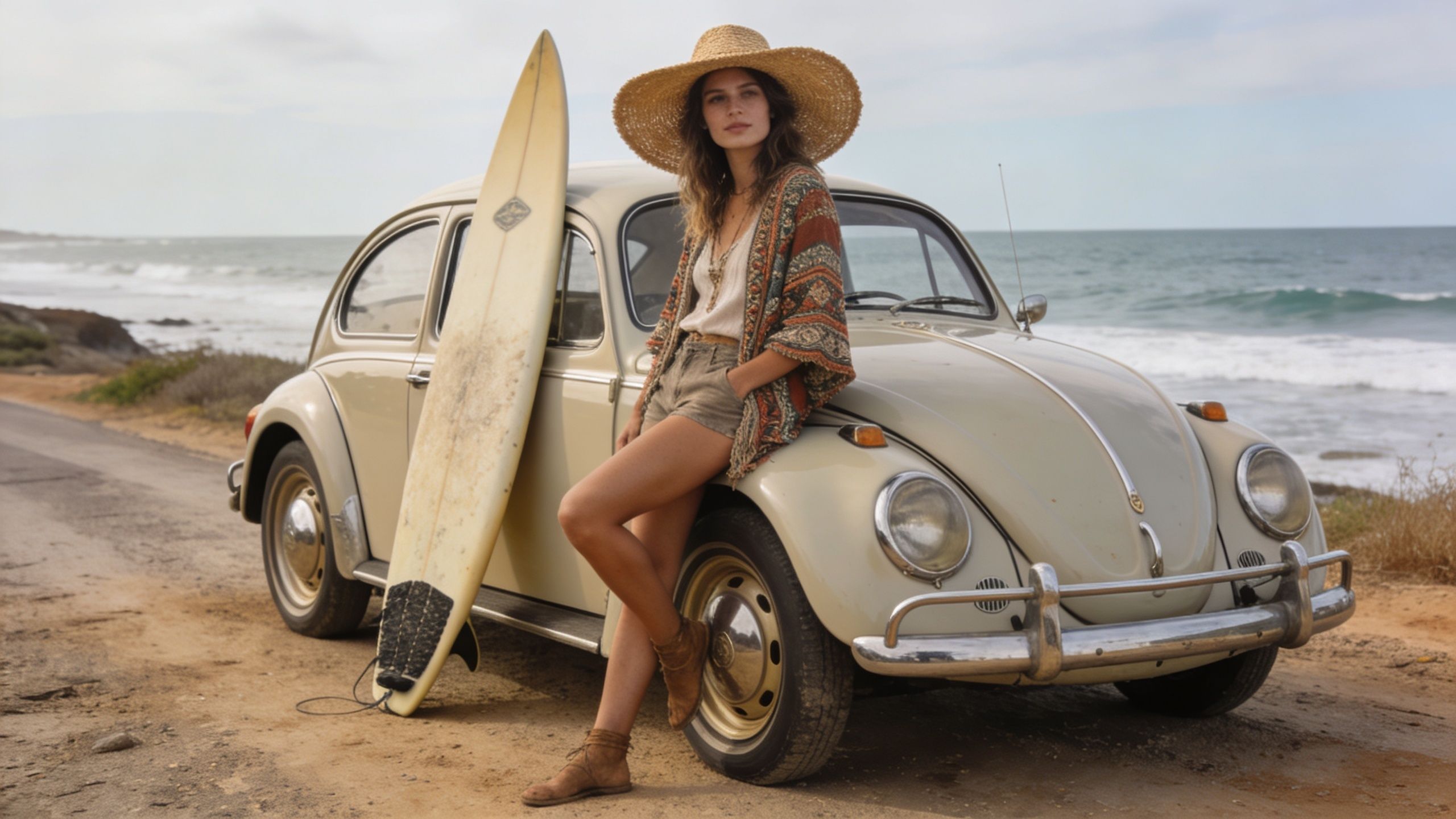 A woman wearing a straw beach hat leaning against a vintage car with a surfboard on the beach.