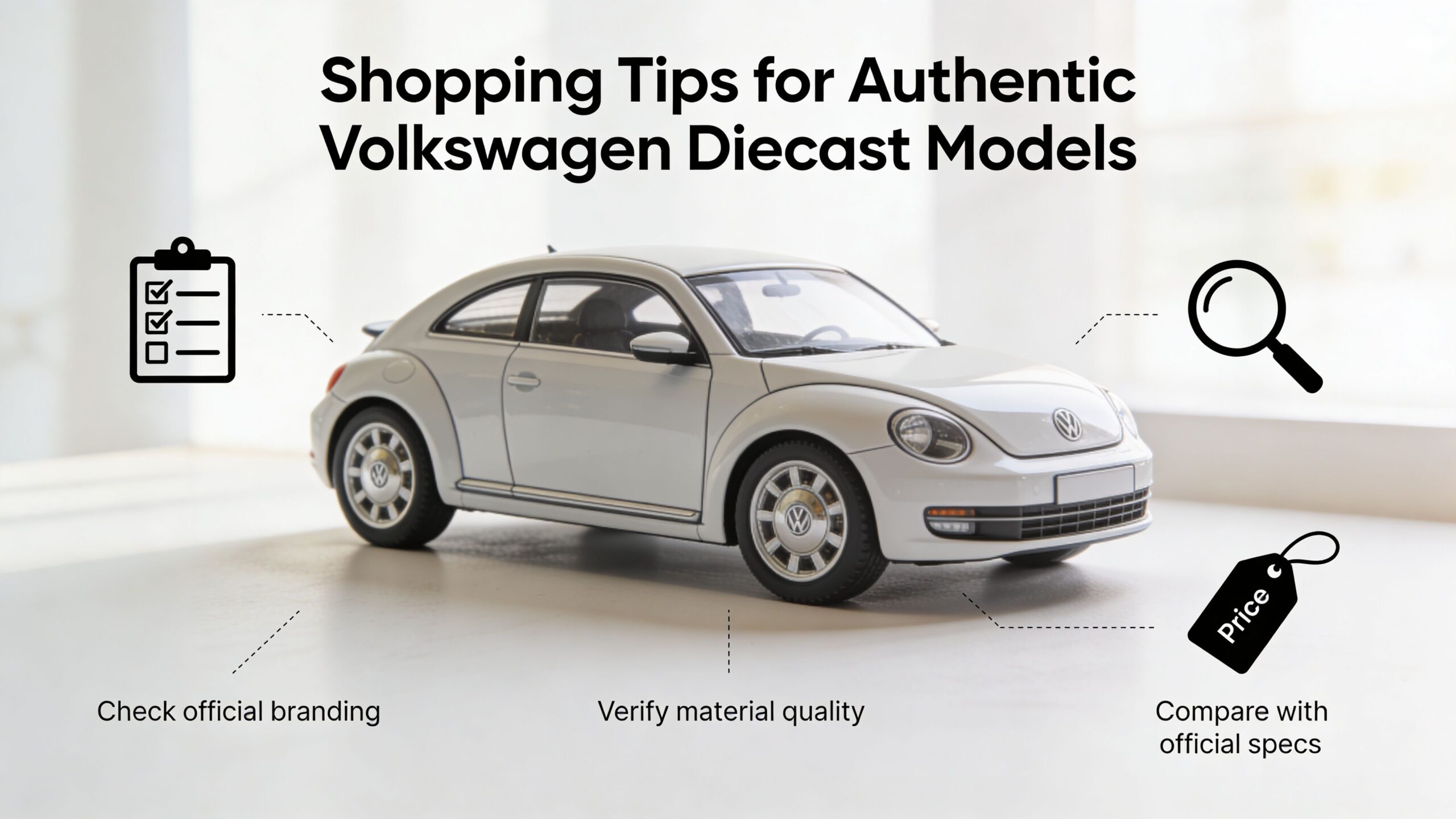 A diecast Volkswagen Beetle model car displayed with tips for verifying the authenticity of collectible car models.