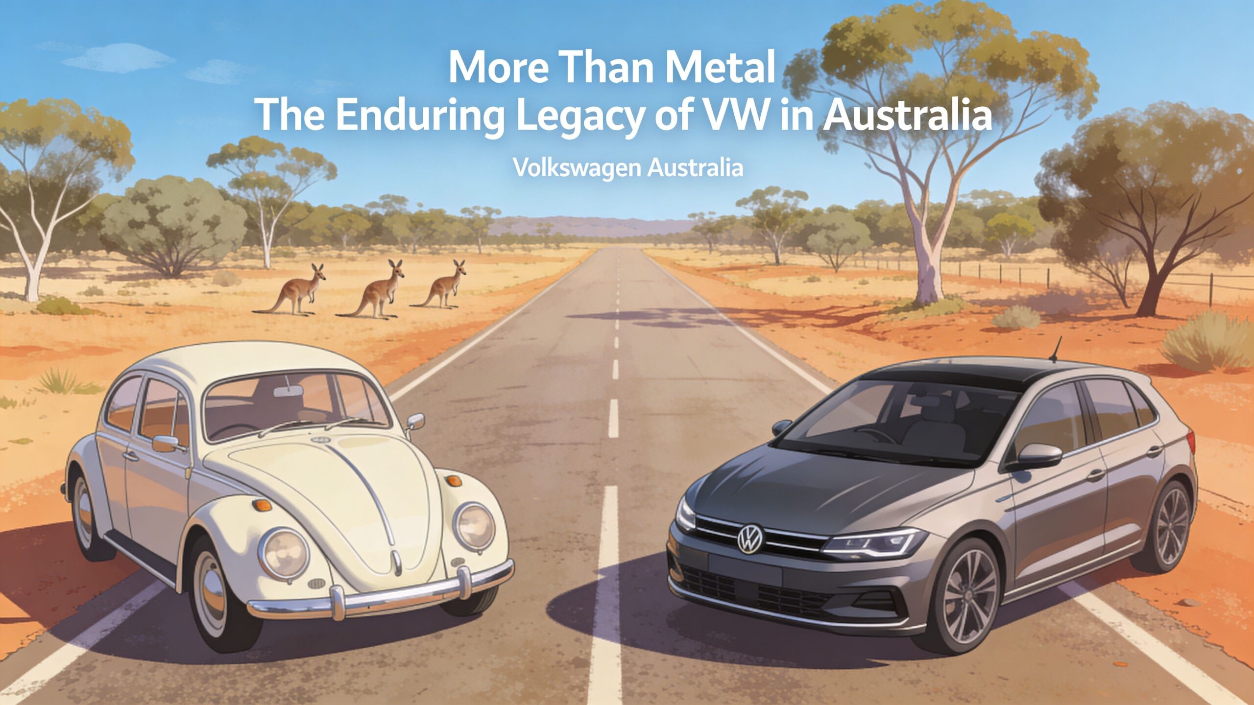 A vintage white Volkswagen Beetle and a modern grey Volkswagen parked on an Australian outback road.