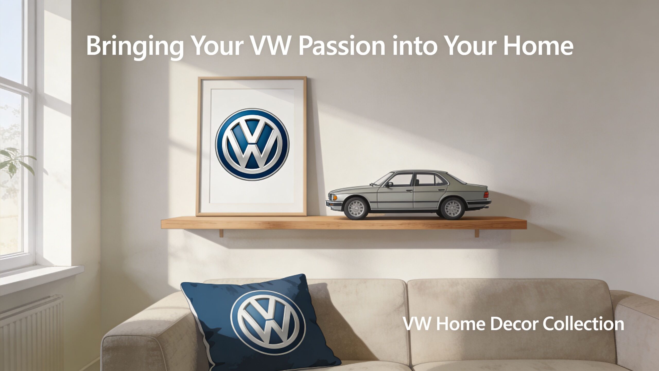 A living room featuring Volkswagen themed home decor including a wall art frame, a car model, and a cushion.