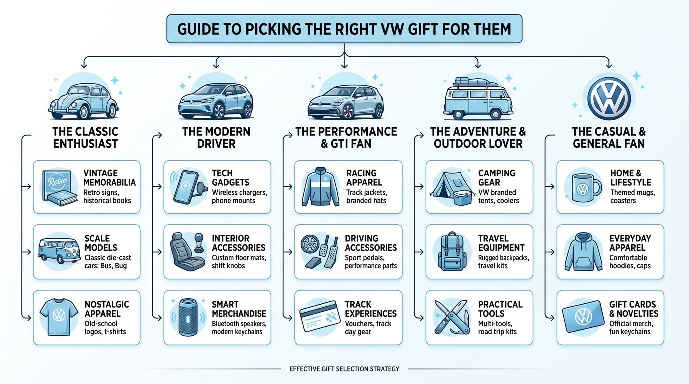 A flowchart guide helping people select the perfect Volkswagen themed gift based on individual personality and interests.