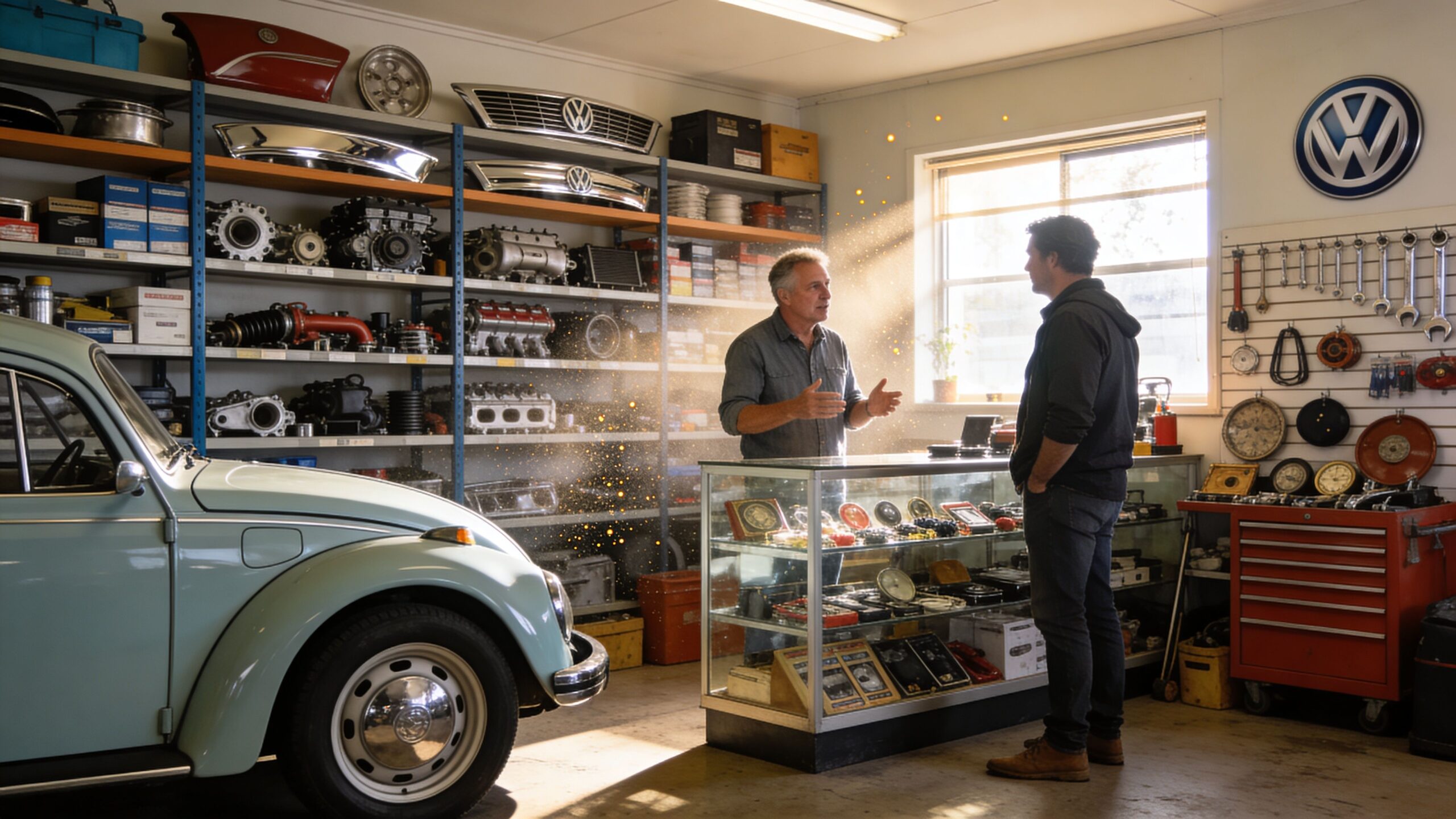 A customer consults with a mechanic in a garage filled with vintage Volkswagen Beetle auto parts.