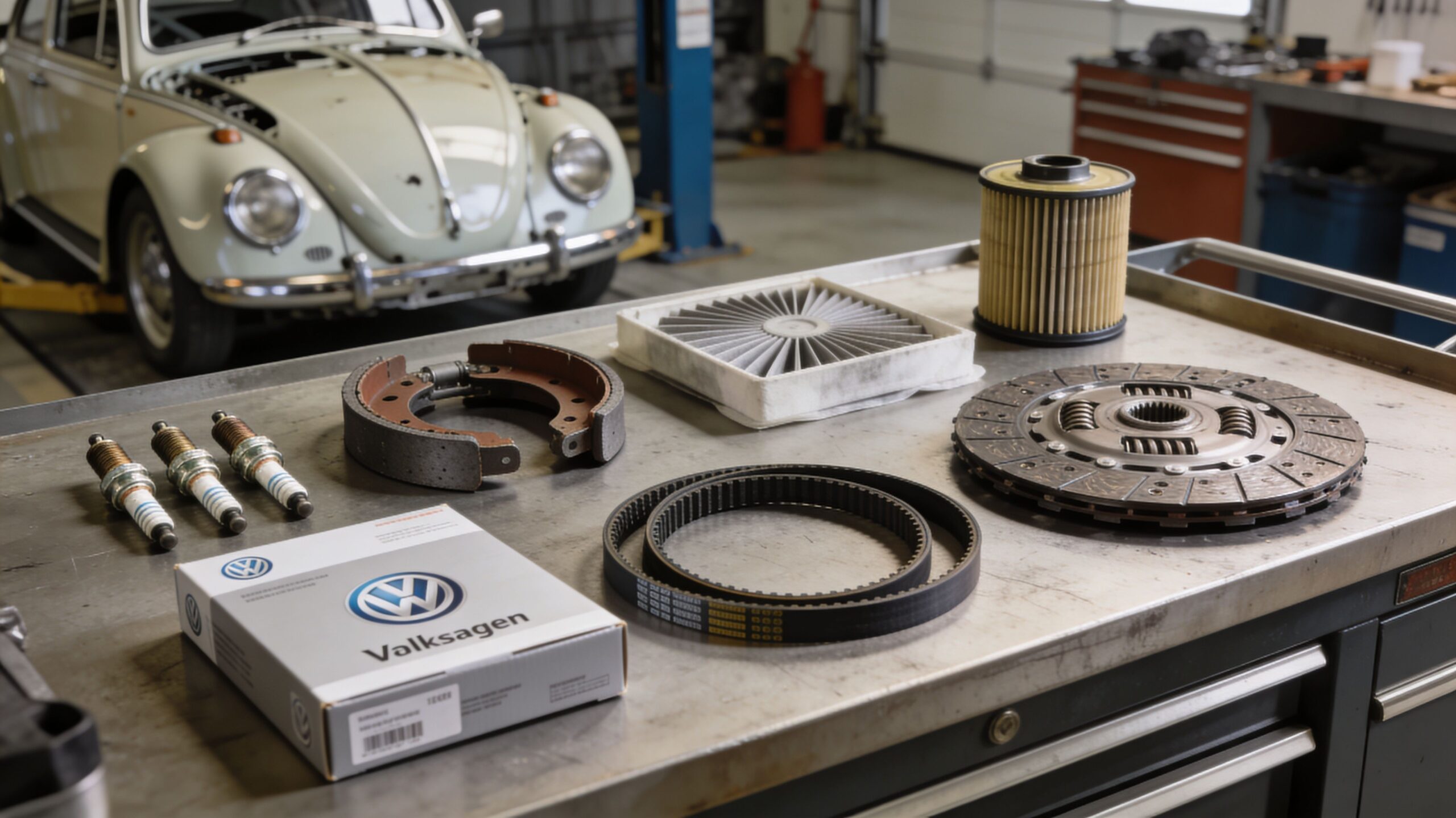 A collection of car maintenance parts including spark plugs, brake shoes, a filter, belt, and clutch disc.