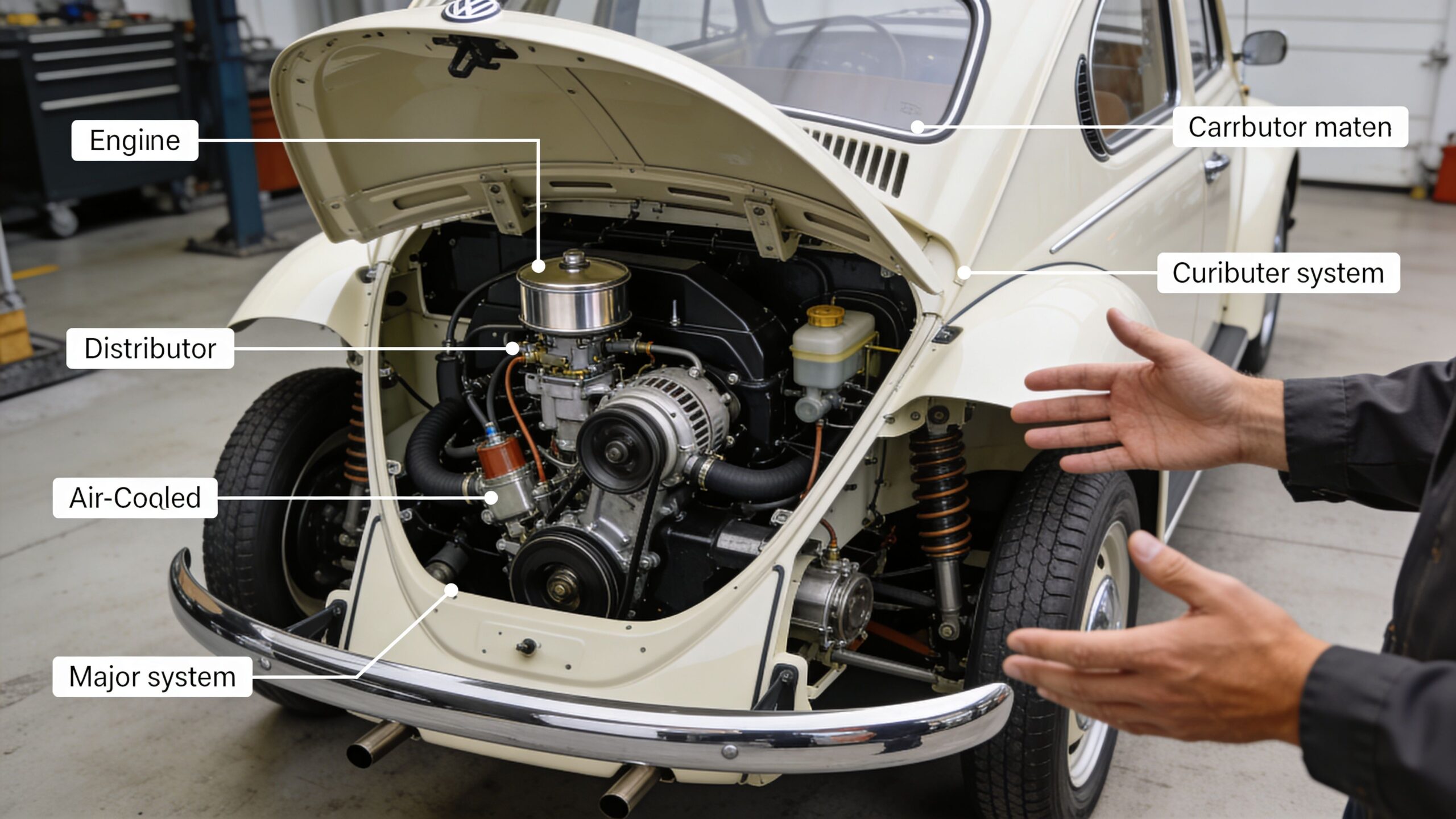 A mechanic presents the engine bay of a classic cream-colored Volkswagen Beetle in an auto shop.