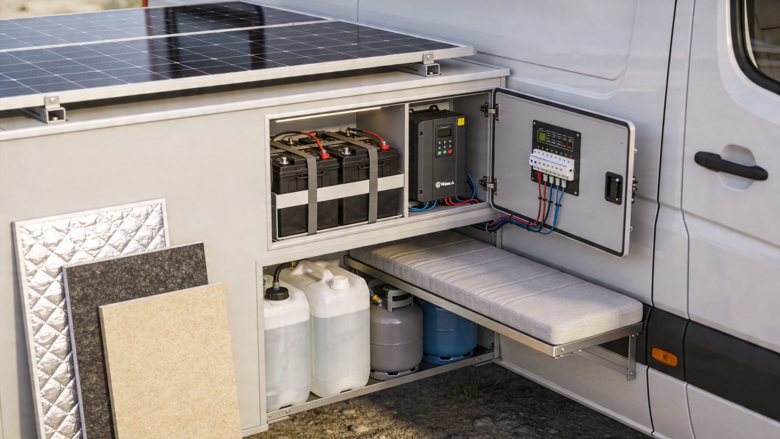 Open storage compartment of a customized Volkswagen Crafter camper van showing batteries, electrical components, and tanks.