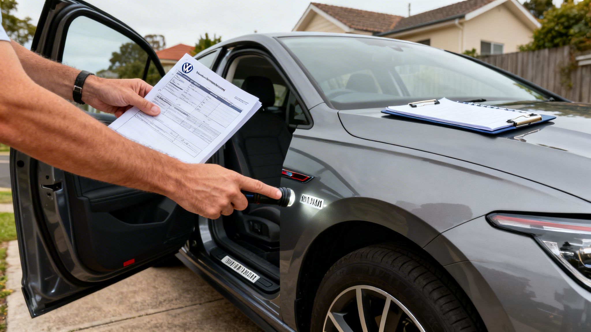 A man inspects a grey Volkswagen car with a flashlight and documents, possibly for a pre-purchase check.