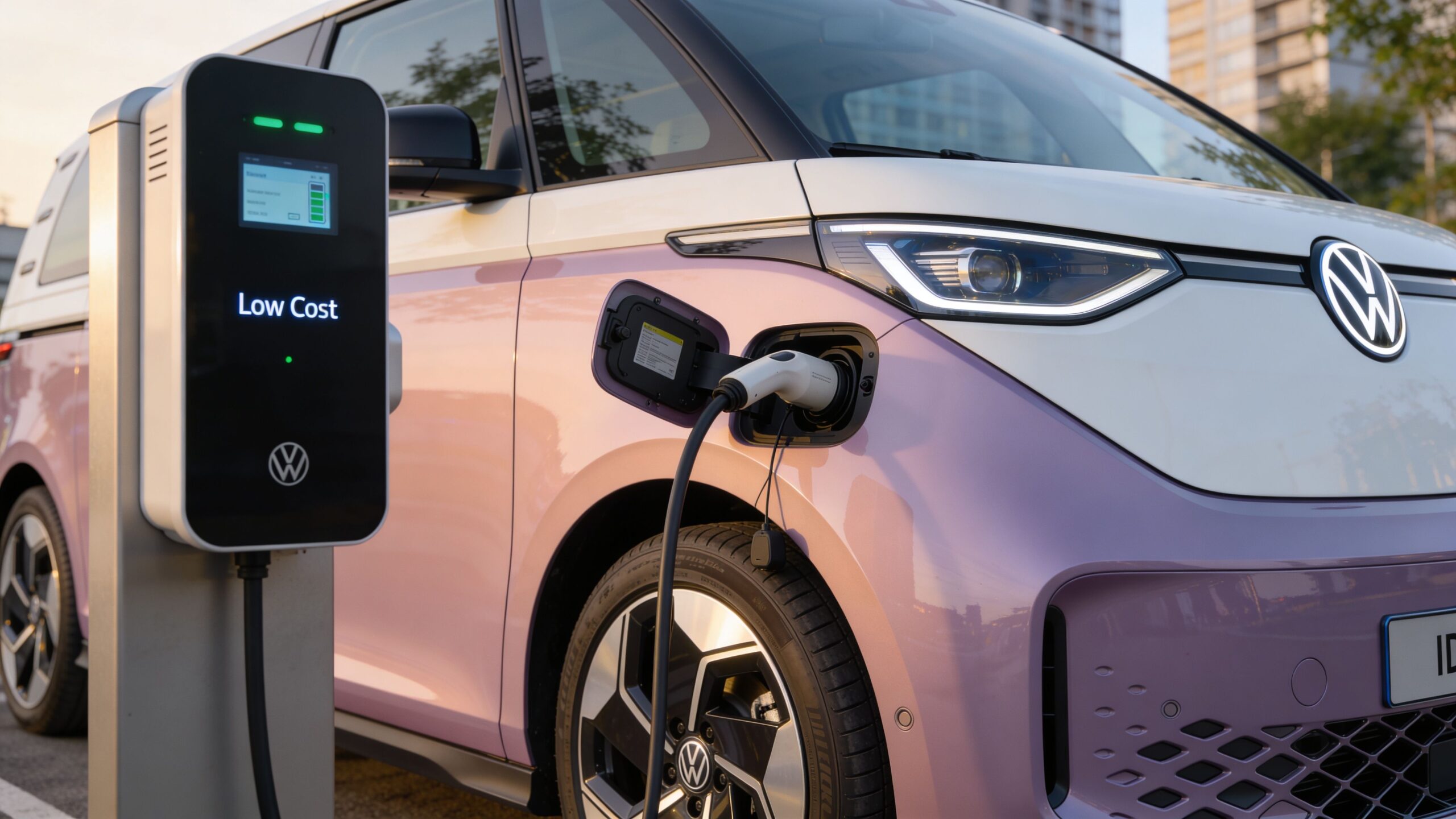 A two-tone pink and white Volkswagen ID. Buzz electric van charging at a public EV charging station.