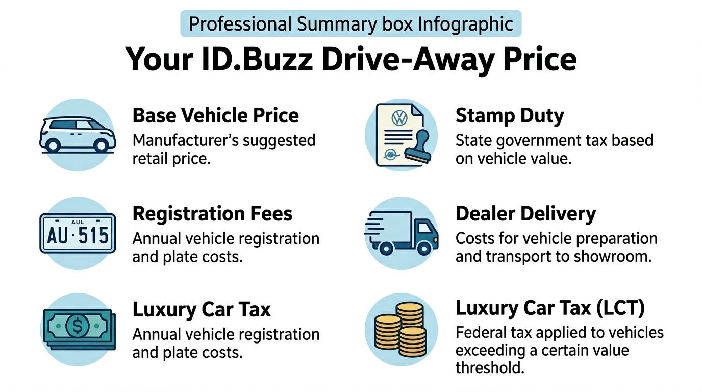 An infographic detailing the components of the drive-away price for a Volkswagen ID. Buzz vehicle in Australia.