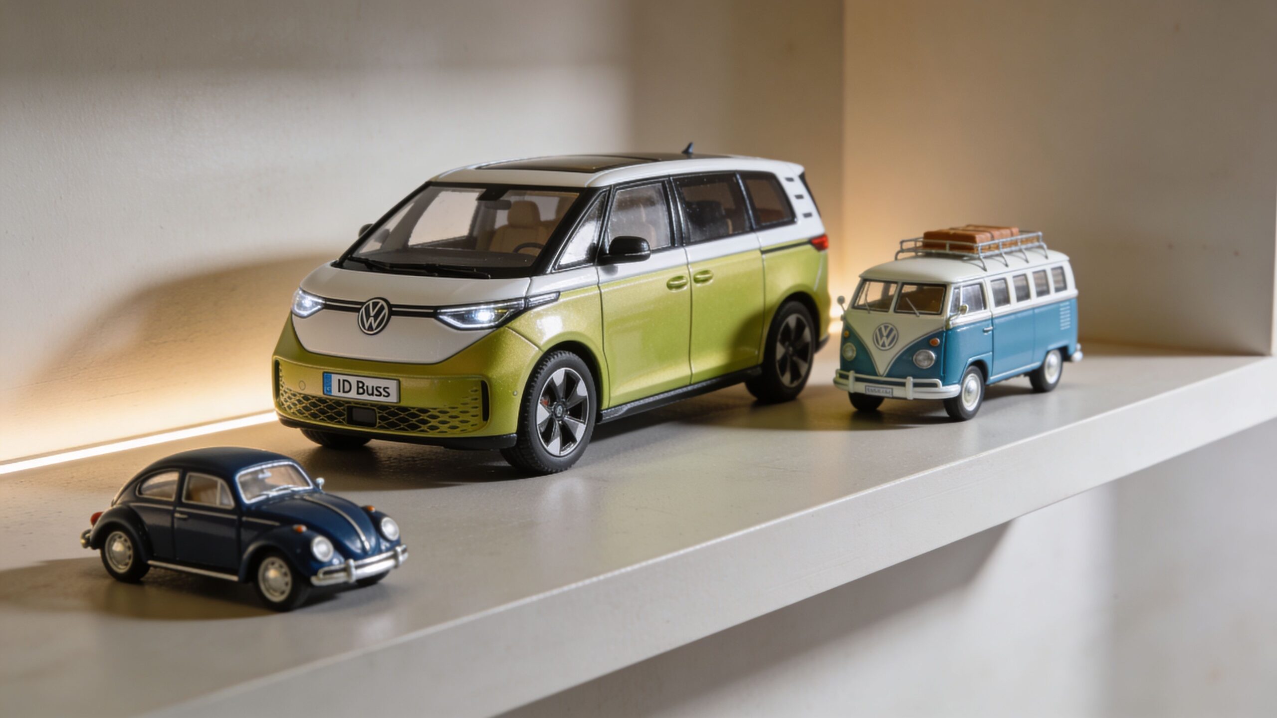 A display shelf featuring miniature Volkswagen toy cars, including a modern ID. Buzz and a classic microbus.