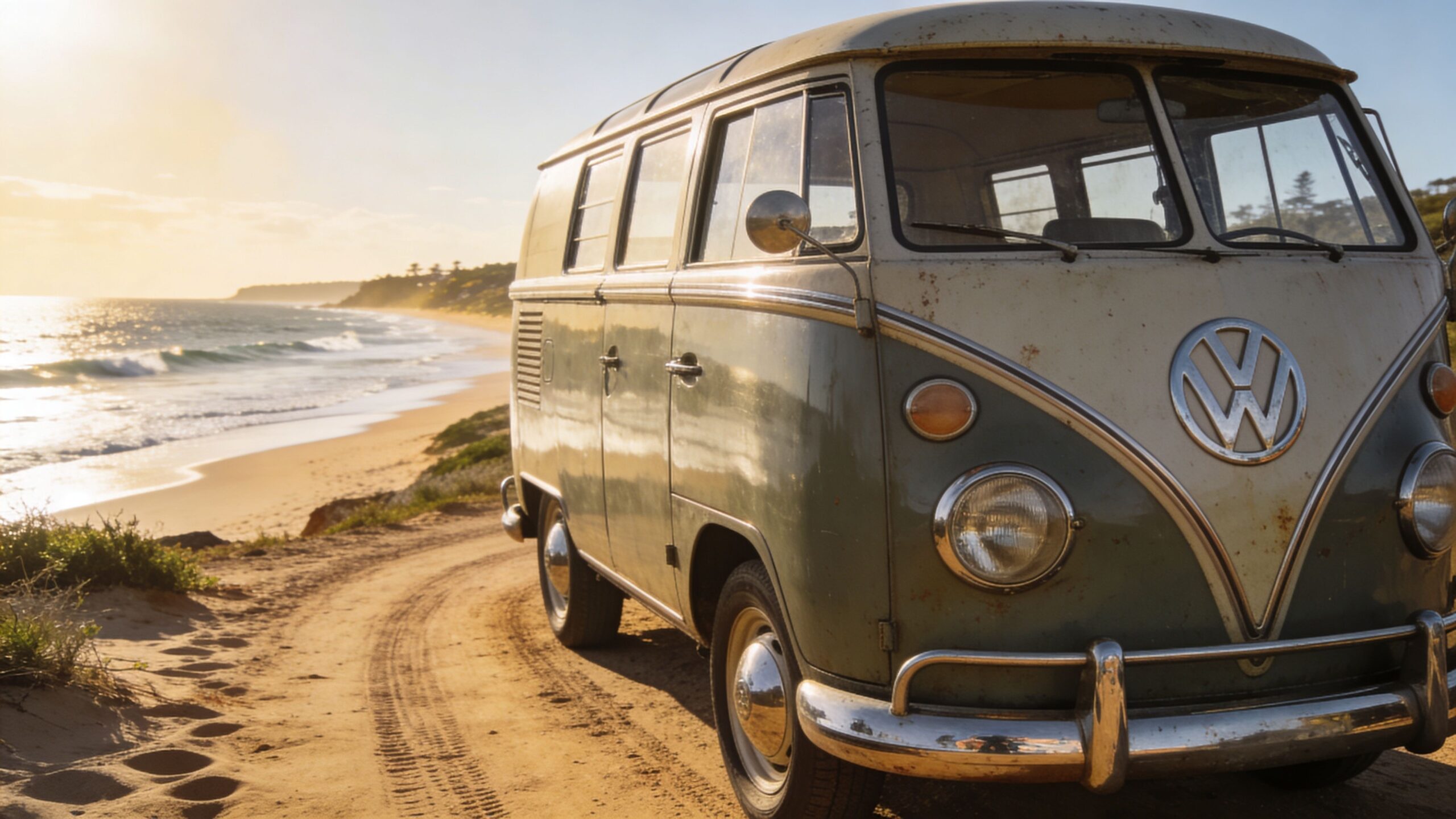A vintage green Volkswagen van parked on a sandy beach path during a warm, sunny coastal sunset.