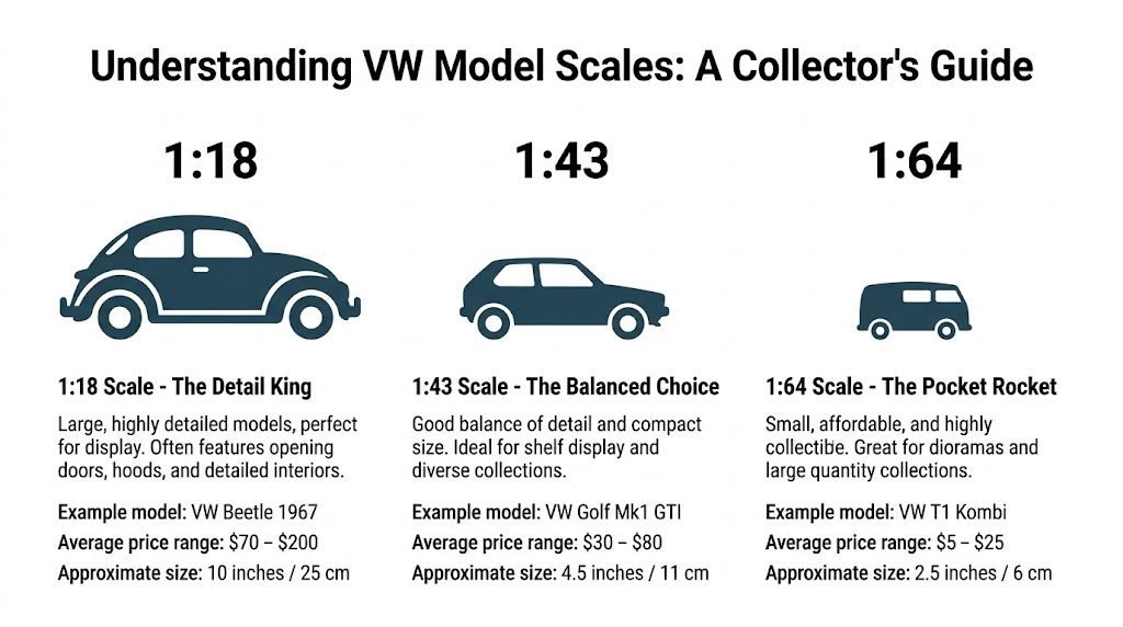 An infographic showing the three standard scales for Volkswagen collectible model cars, their features, and average prices.