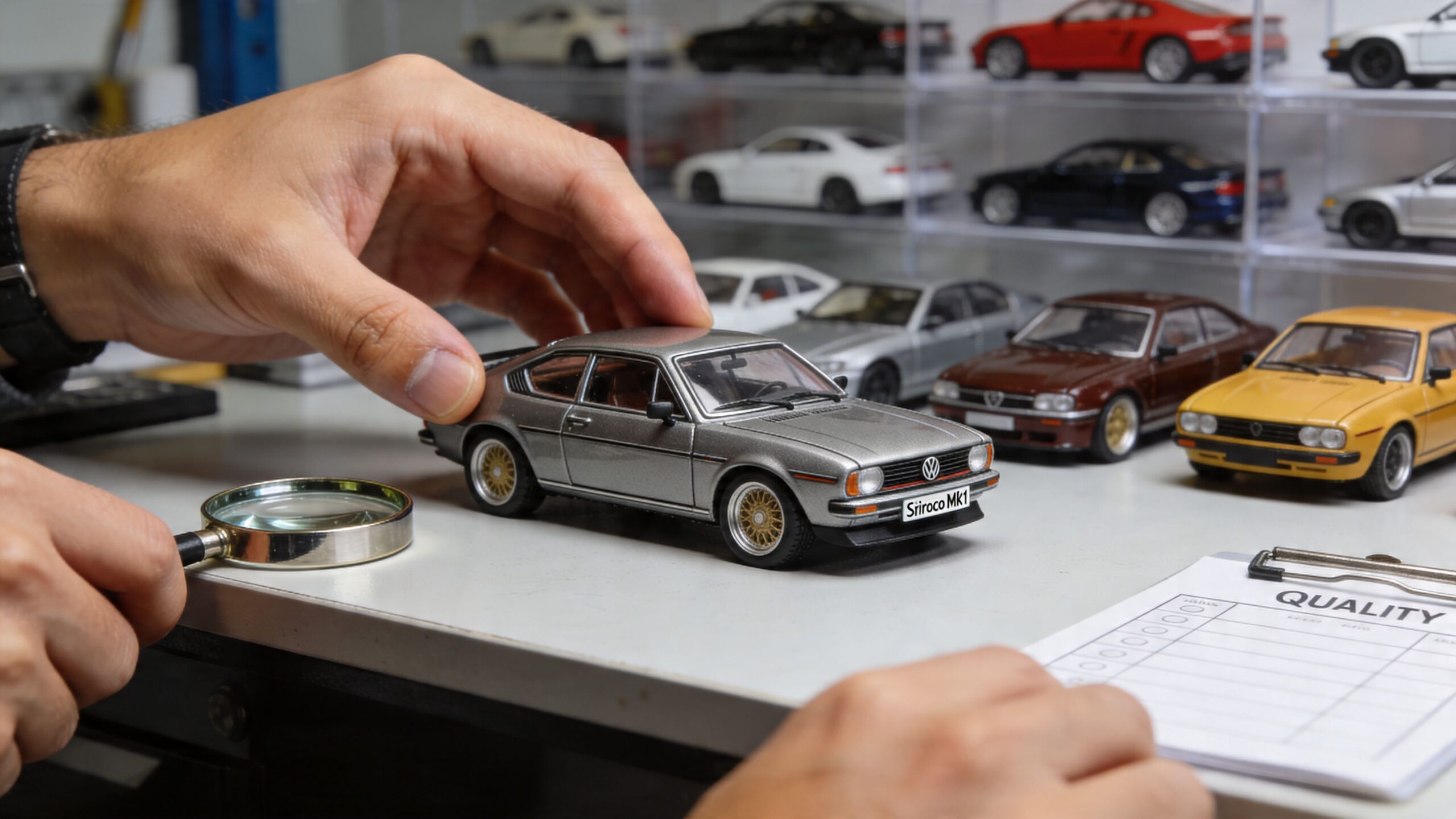 A person inspects a detailed silver Volkswagen Scirocco model car with a magnifying glass in a studio.
