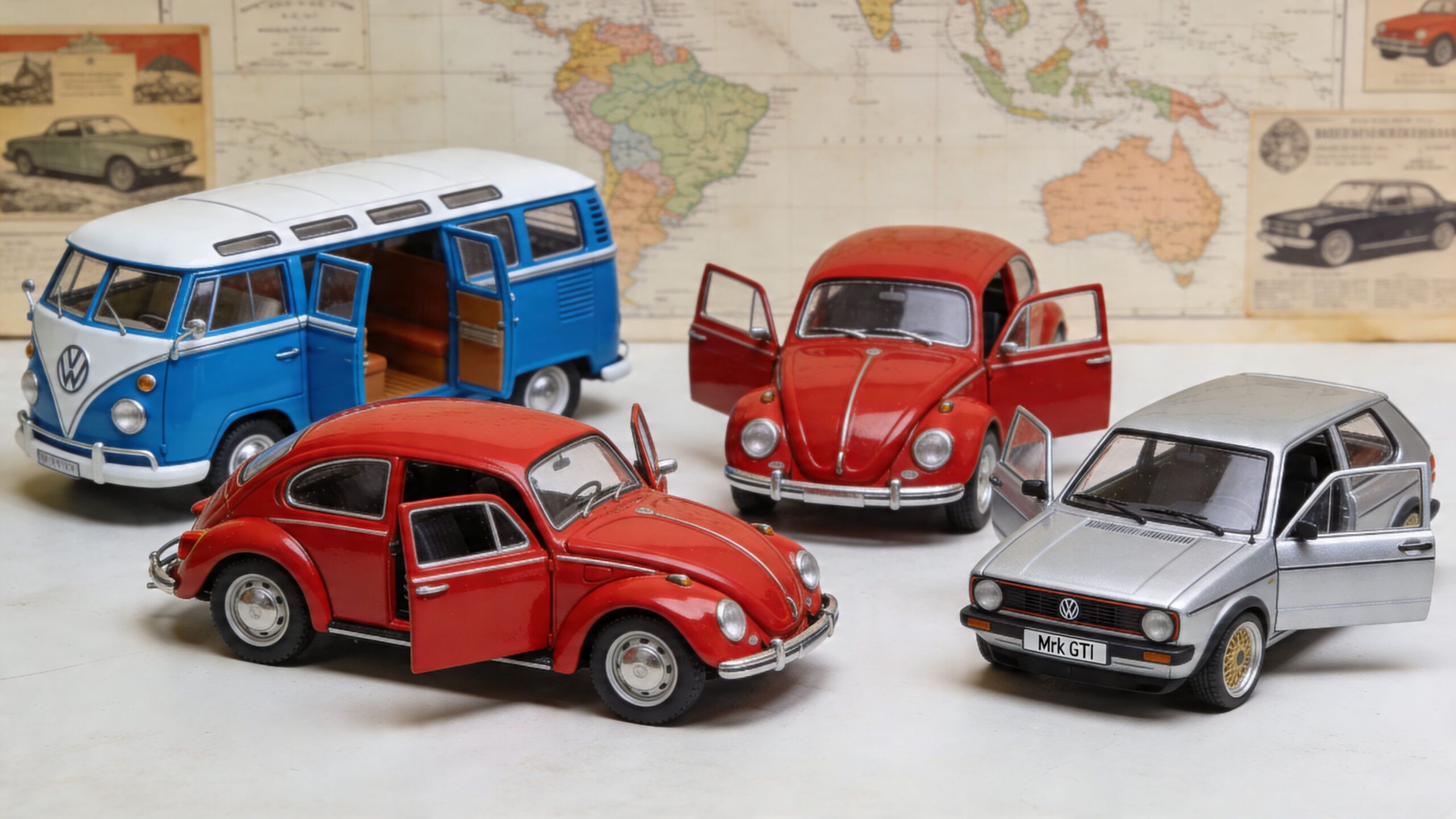 A collection of vintage Volkswagen die-cast model cars including a blue van, two red Beetles, and a silver Golf.