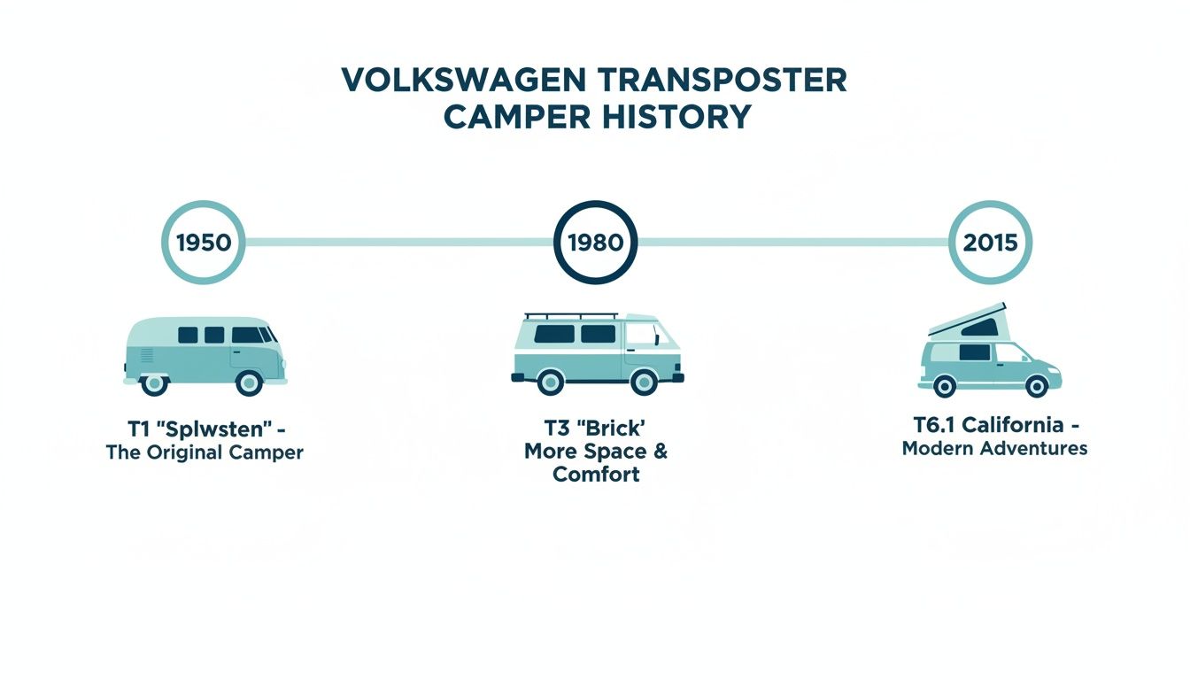 Timeline graphic showing the evolution of Volkswagen Transporter camper vans from 1950 to 2015.