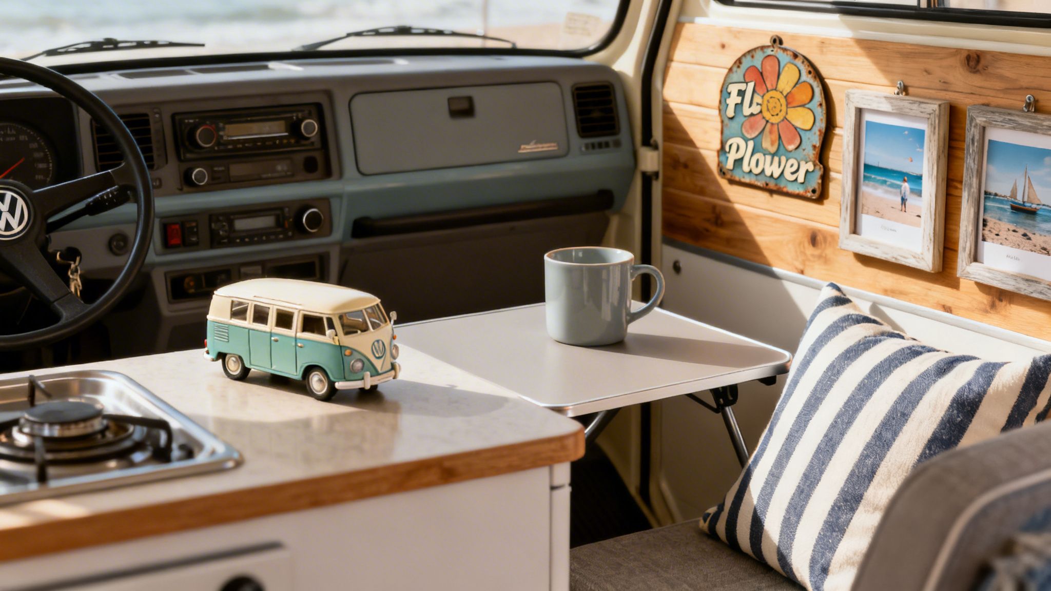 Cozy interior of a Volkswagen camper van, featuring a mini van, mug, and seaside decor.