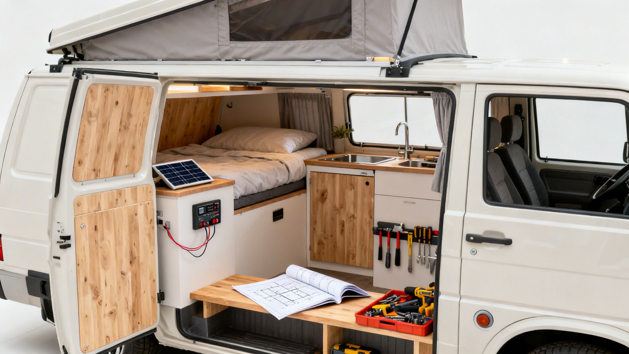 Detailed interior view of a custom-built Volkswagen Transporter camper van with sleeping and cooking areas.