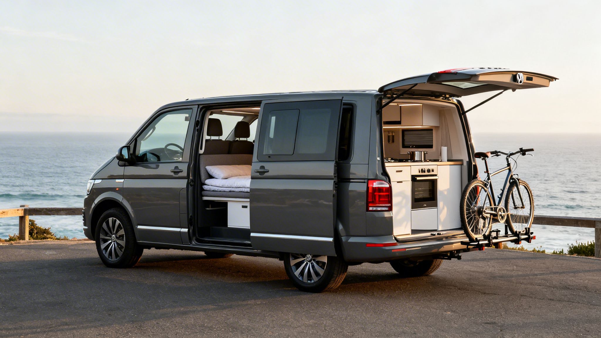 Dark grey Volkswagen travel van with open doors, bed, kitchen, and bike, by the ocean.