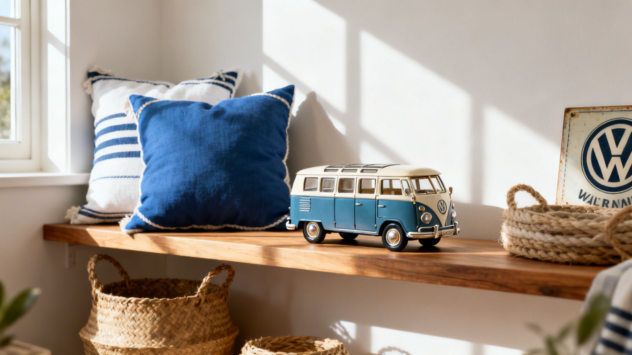 Sunlit shelf featuring blue and white pillows, a toy VW van, and natural woven baskets.