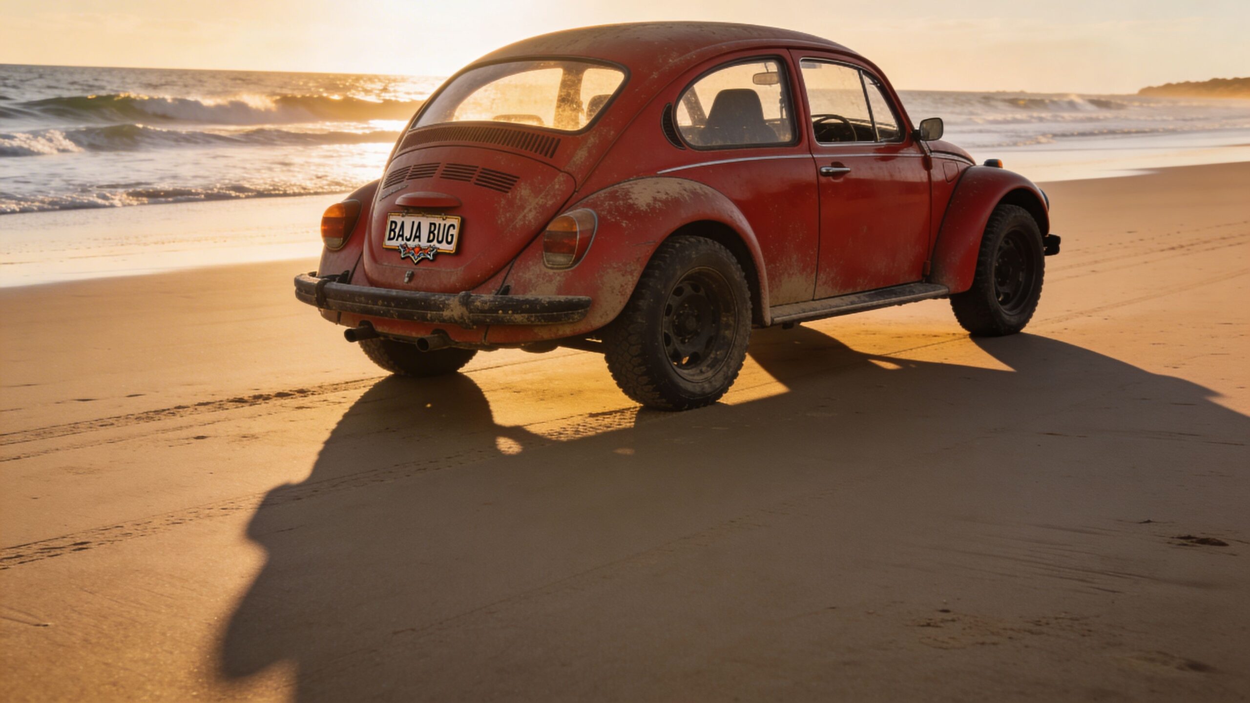 A red off-road Volkswagen Beetle parked on a sandy beach during a beautiful golden sunset.