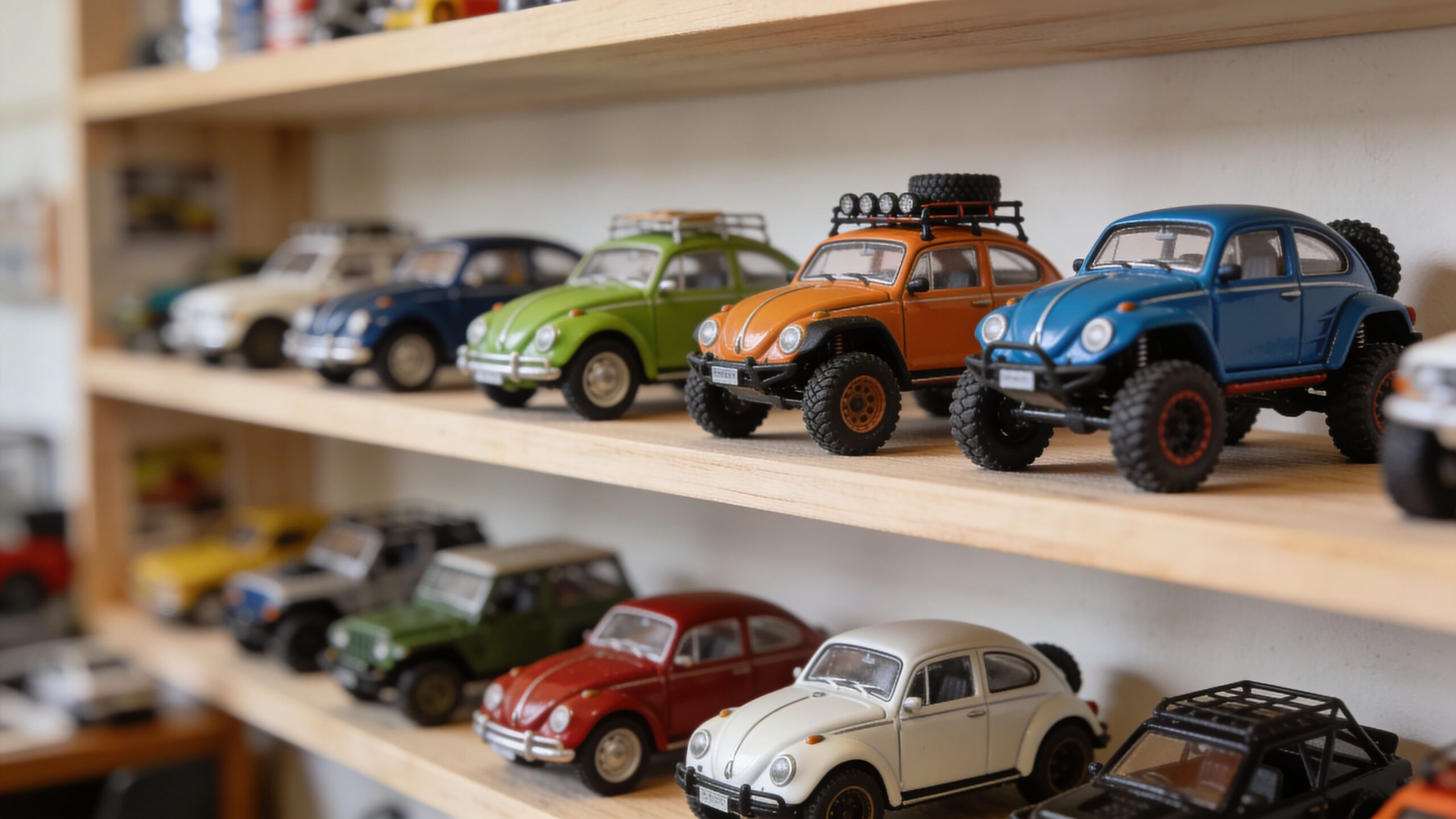 A collection of die-cast VW Baja Bug toy cars displayed neatly on wooden shelves.