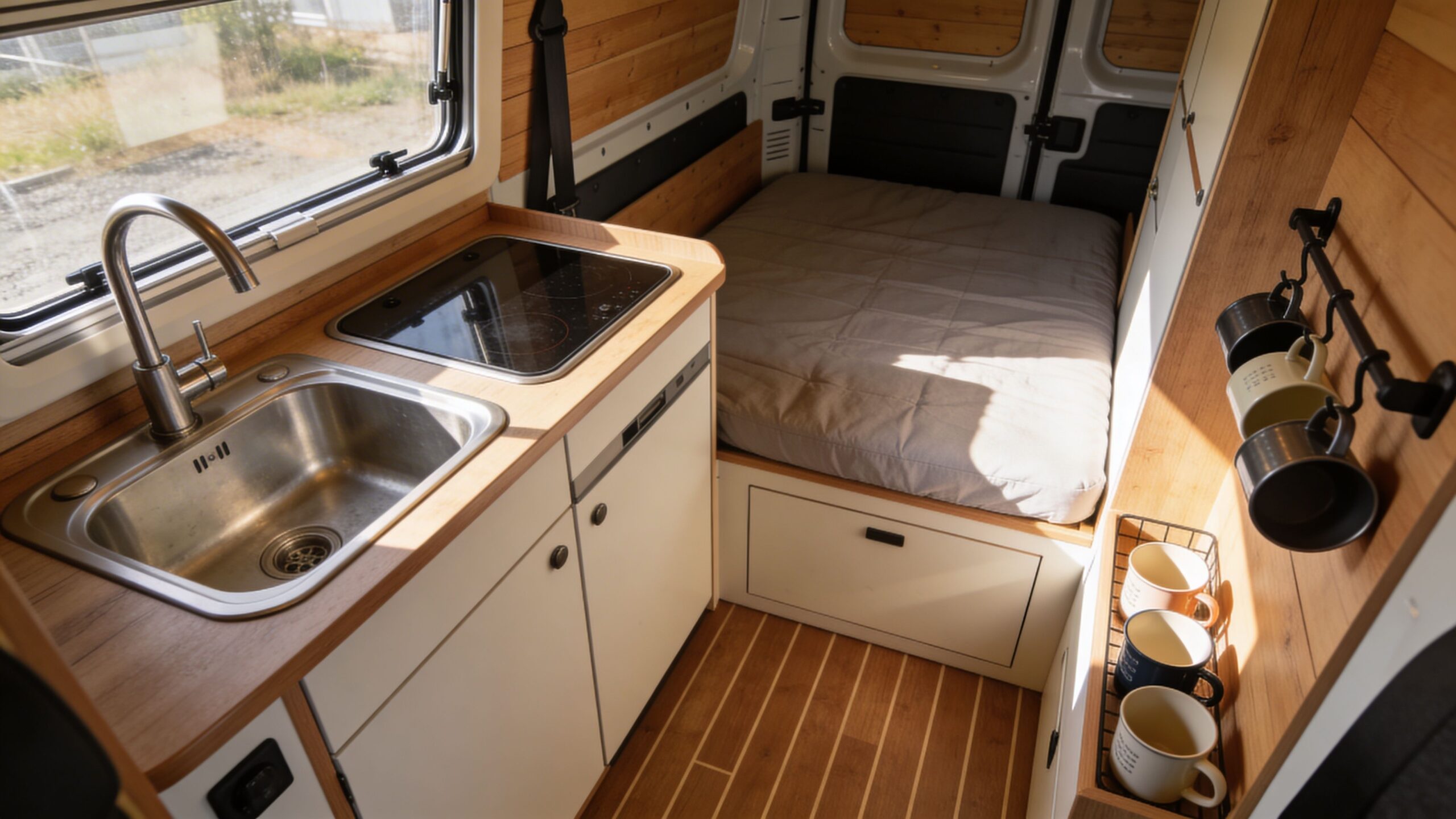 A view inside a camper van featuring a kitchen unit with a sink, stove, and a bed.