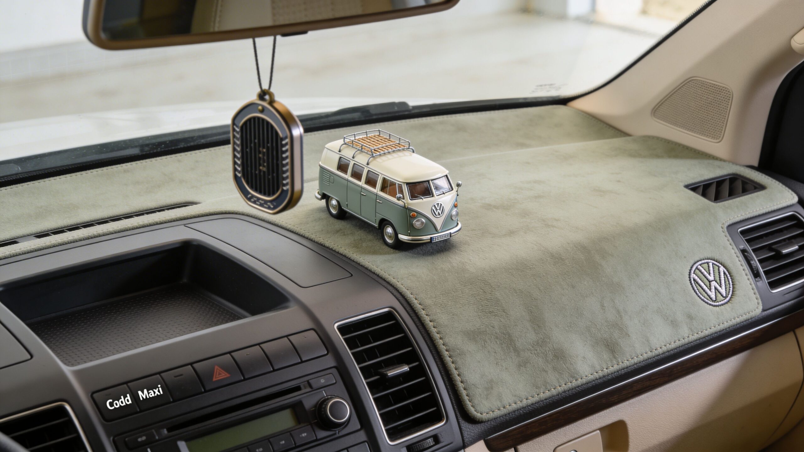 A miniature vintage Volkswagen camper van sits on a green suede dashboard cover inside a VW Caddy.