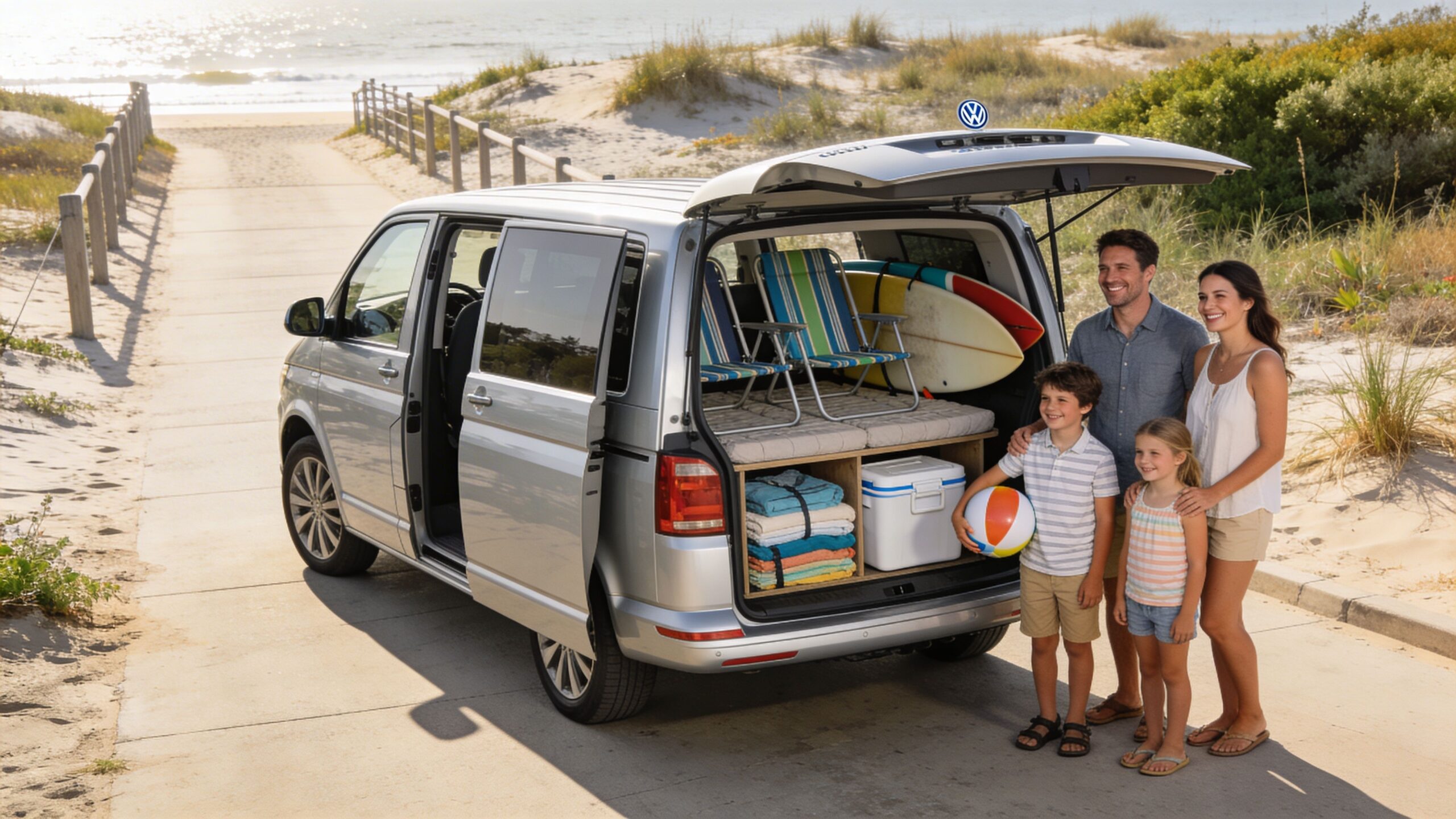 A happy family standing next to their silver Volkswagen Caddy Maxi parked on a beach boardwalk.