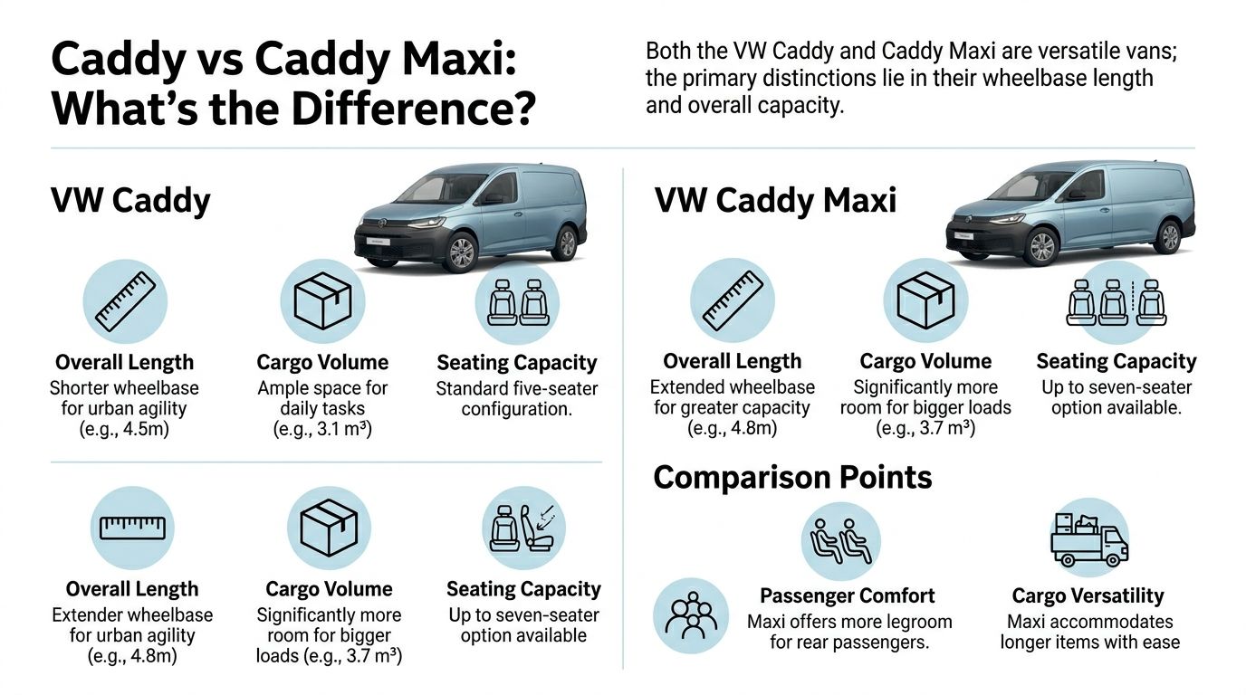 A comparison infographic highlighting the key differences in size and capacity between the VW Caddy and Caddy Maxi vans.