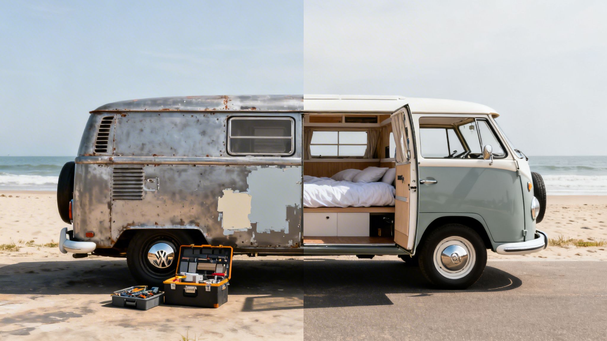 Before and after renovation of a rusty Volkswagen campervan on a beach, with tools and a cozy interior.