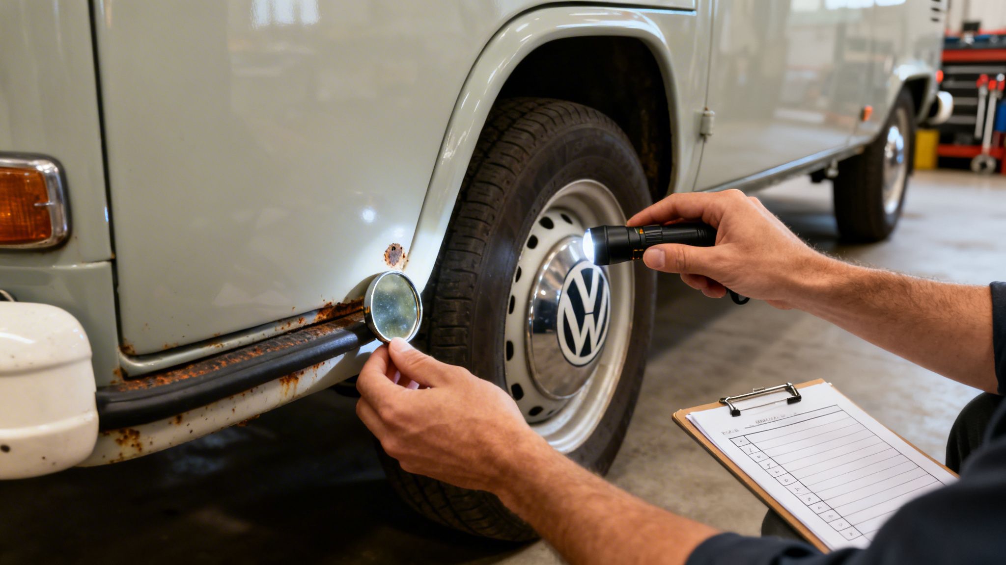 A mechanic meticulously inspects a vintage VW campervan for rust using a flashlight and mirror.