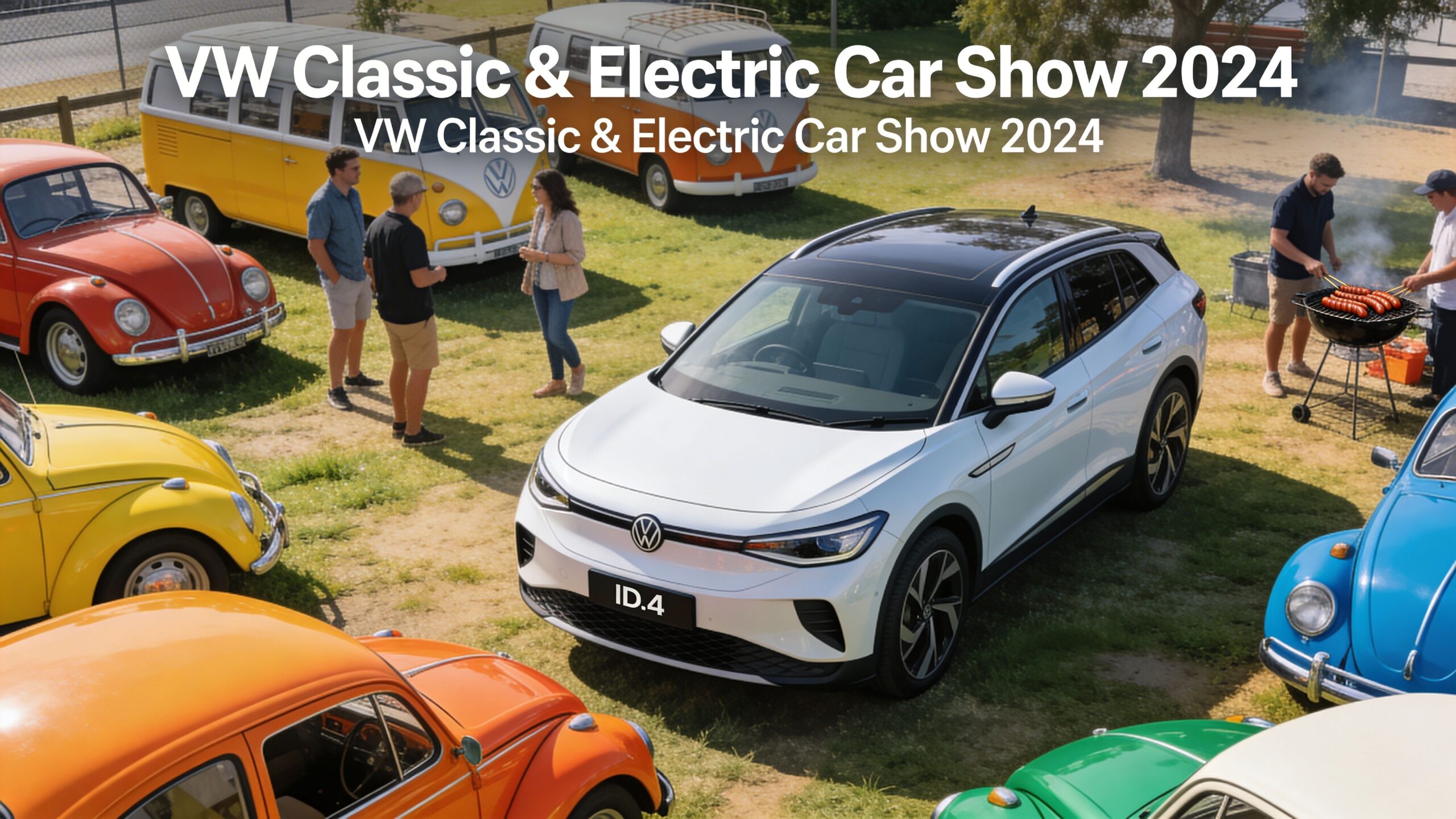 A modern white Volkswagen ID.4 parked at a car show alongside vintage Volkswagen Beetles and vans.