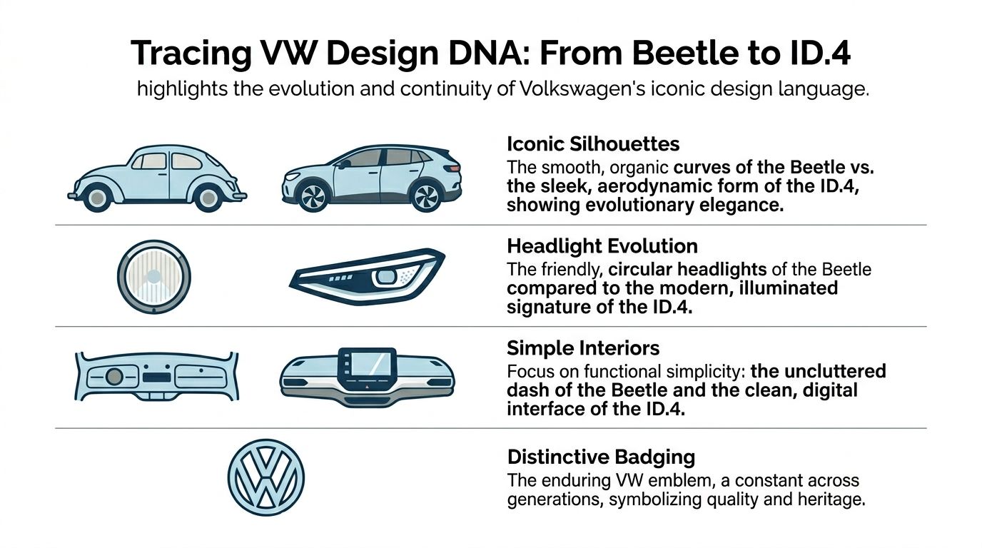 An infographic comparing Volkswagen design DNA from the classic Beetle to the modern electric ID.4 model.